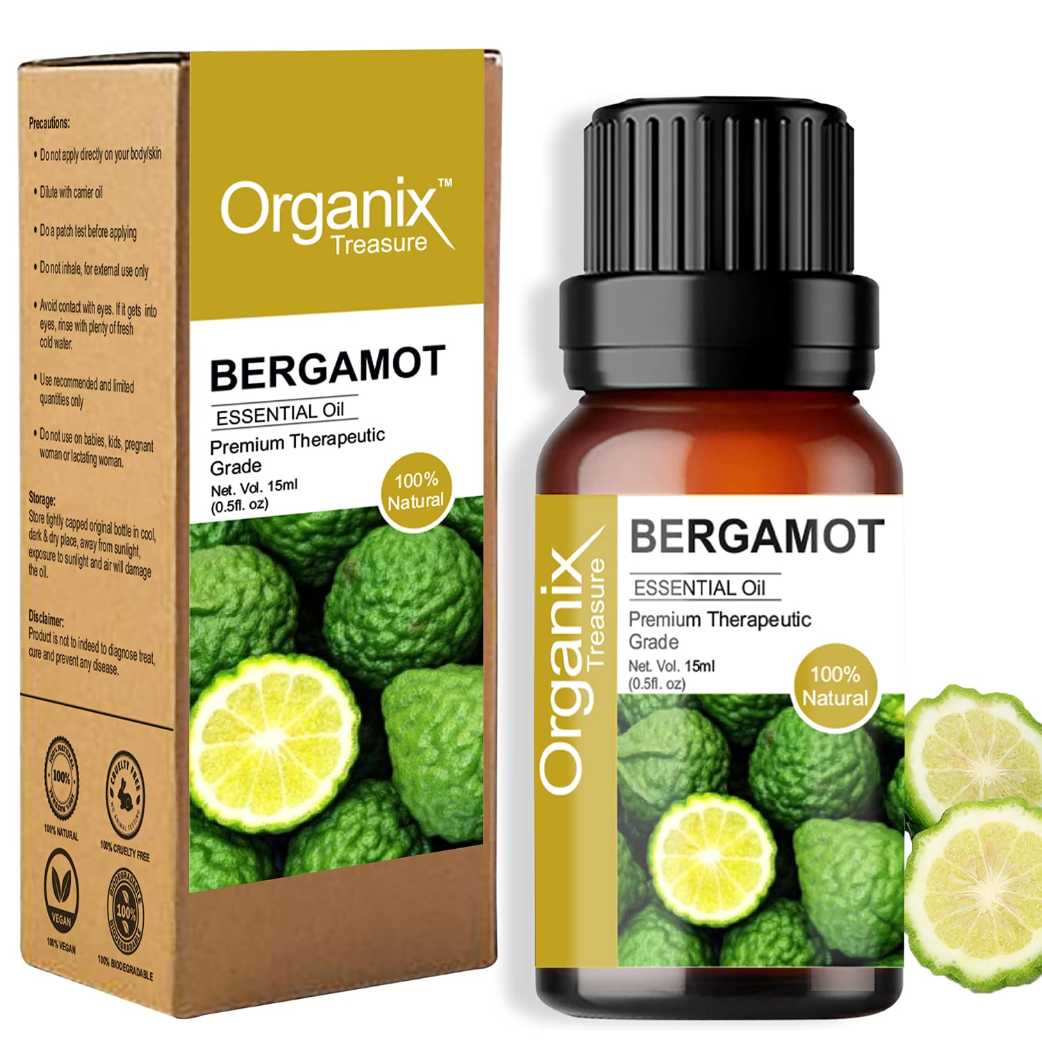 Organix Treasure Bergamot Essential oil for Skin, Hair and Stress Relief, Natural and Therapeutic Grade Essential Oil, 15ml