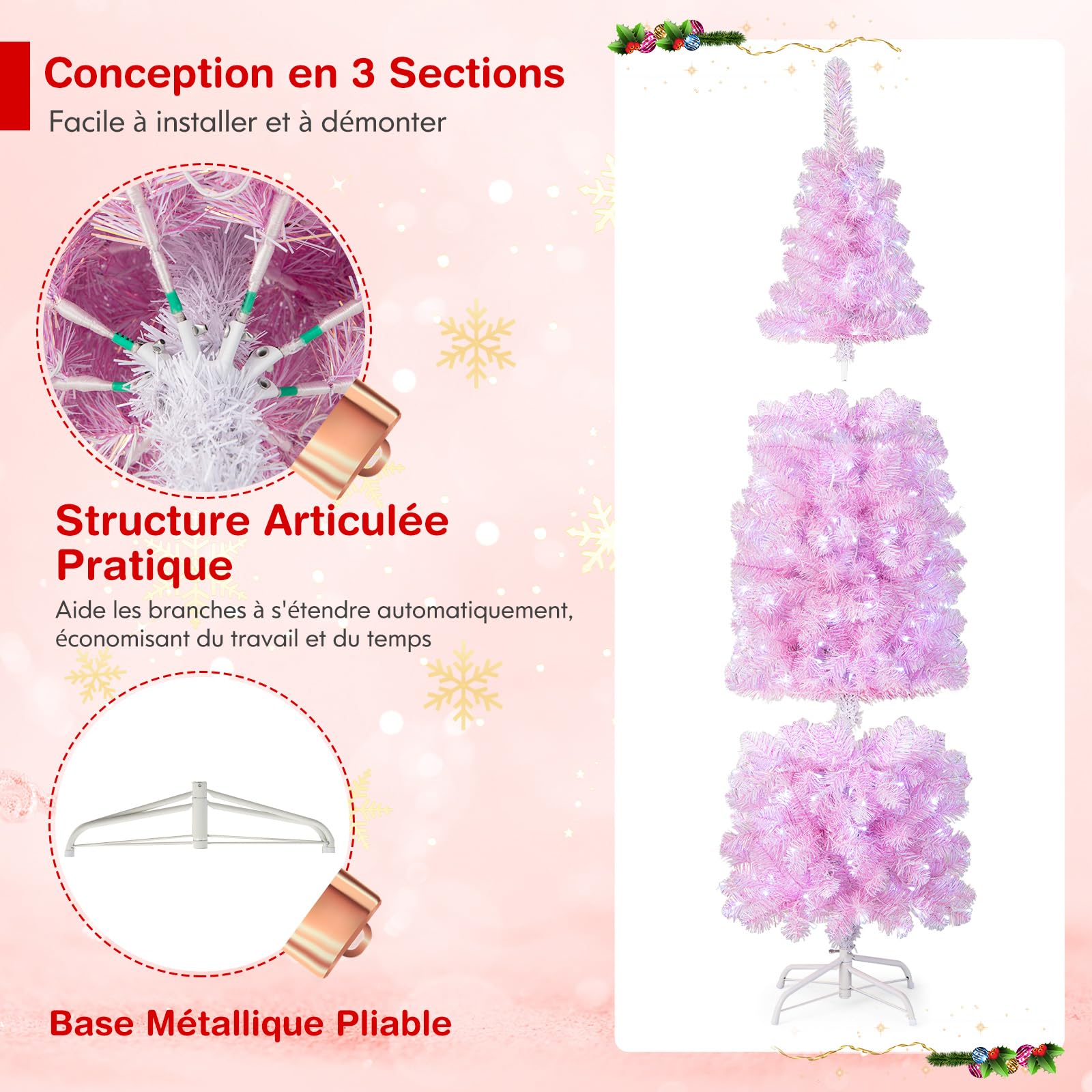 COSTWAY Sapin de Noël Artificiel Pré-éclairé de 180 CM, Arbre de Noël en Forme de Crayon avec 475 Pointes de Branches et 250 Lumières LED Blanc Froid, Support en Métal Pliable, Rose