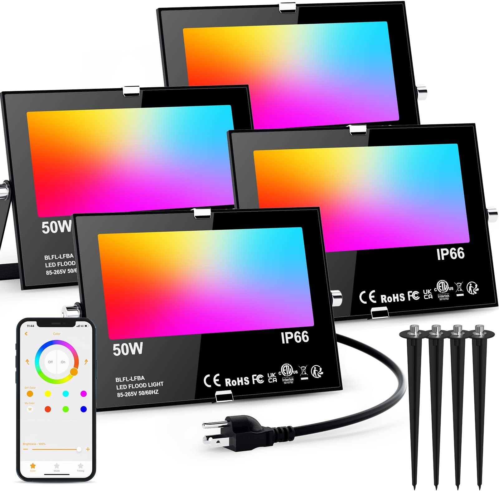 - Flood Lights Outdoor RGB with Stake, 500W Equivalent Smart Color Change & Daylight 5700K Landscape Light, IP66 Patio Lights via App Control, Indoor Ambient Lighting, DIY Scenes/Music Sync/Timing-4Pack
