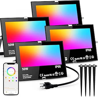 13 Best Permanent Outdoor Lights For Halloween In 2026 2 RGB Outdoor Flood Lights with Stake - 4 Pack, 500W Equivalent, App Control, IP66 Waterproof, Color Change & Scene Modes