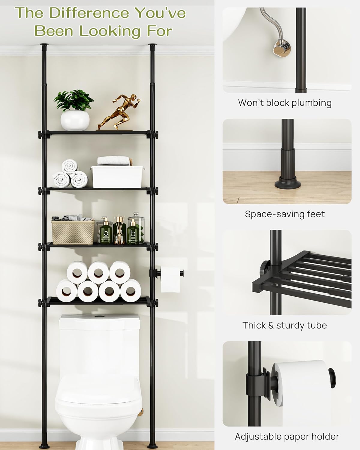 allzone adjustable over the toilet storage shelf, 4-tier ample over toilet bathroom organizer and storage,tension mounted above toilet storage cabinet for versatility, fits 64-113 inch heights, black black 4-tier (64-113 inch)