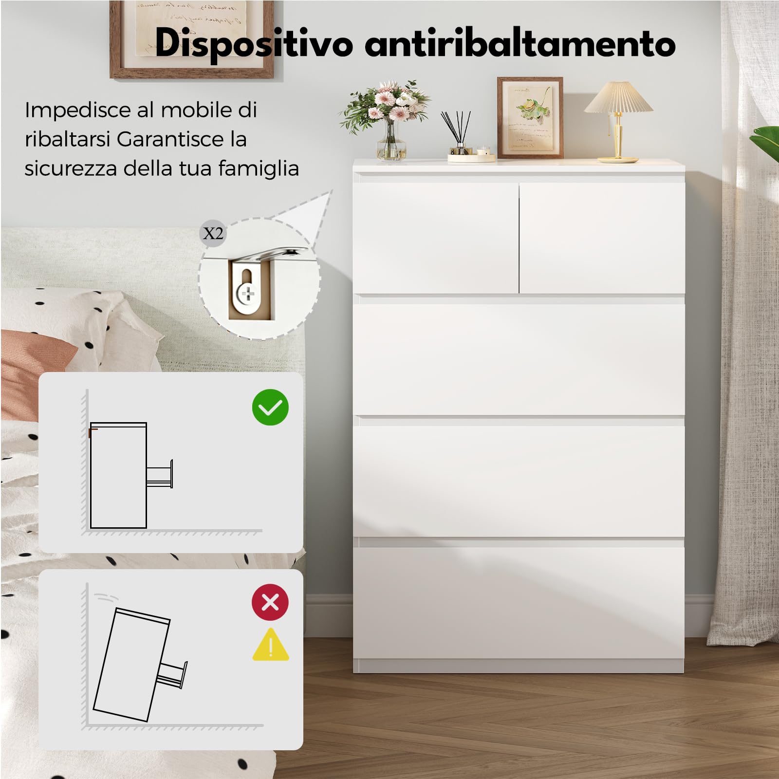 BEWISHOME Cassettiera Camera da Letto Moderna,Settimino con 5 Cassetti,Cassettiera Bianca,Salvaspazio,Mobile Camera da Letto per Soggiorno,Bagno e Ingresso,68x38x94 cm,EKCG07W