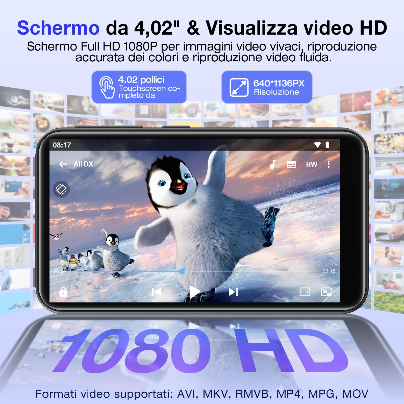 160 GB Reproductor MP3 con Spotify, Bluetooth y Wi‑Fi, MP3 Player Android 13, Reproductor MP4 Amazon Music, Reproductor MP3/MP4 para niños, Pantalla táctil HD de 4,02 Pulgadas, Audible, Play Store