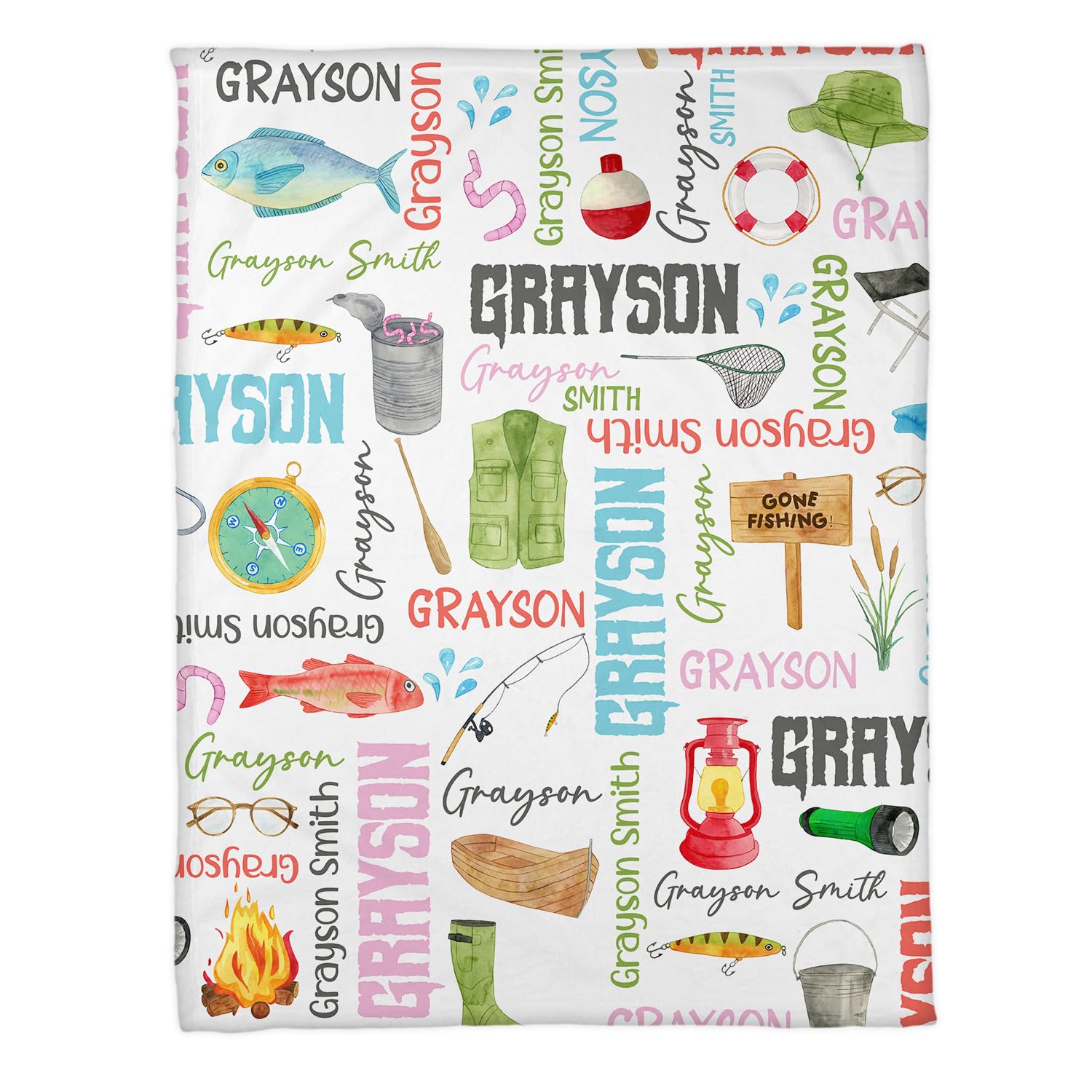 Personalized Kids Blanket With Name - Fishing Theme Nursery Blanket Custom Baby Gift