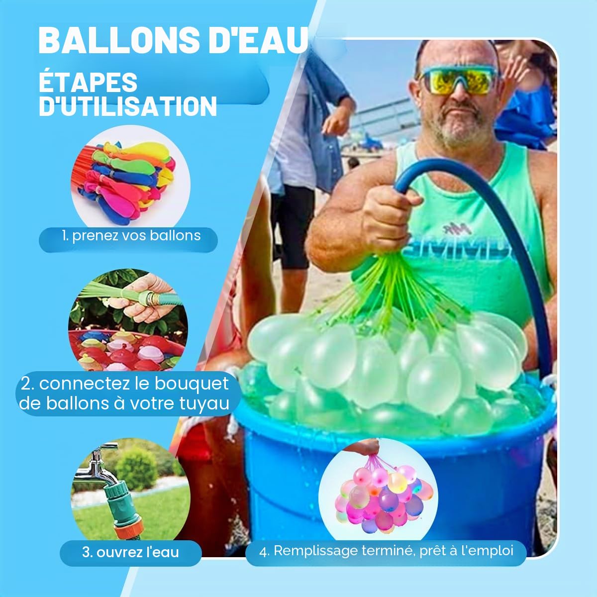 999 Ballons d'Eau à Remplissage Rapide en 60s avec 2 Connecteurs, Bombe a Eau Autoscellante pour Jeu de Plein Air, Fête dans le Jardin et Activités d'Été pour Enfants et Adultes
