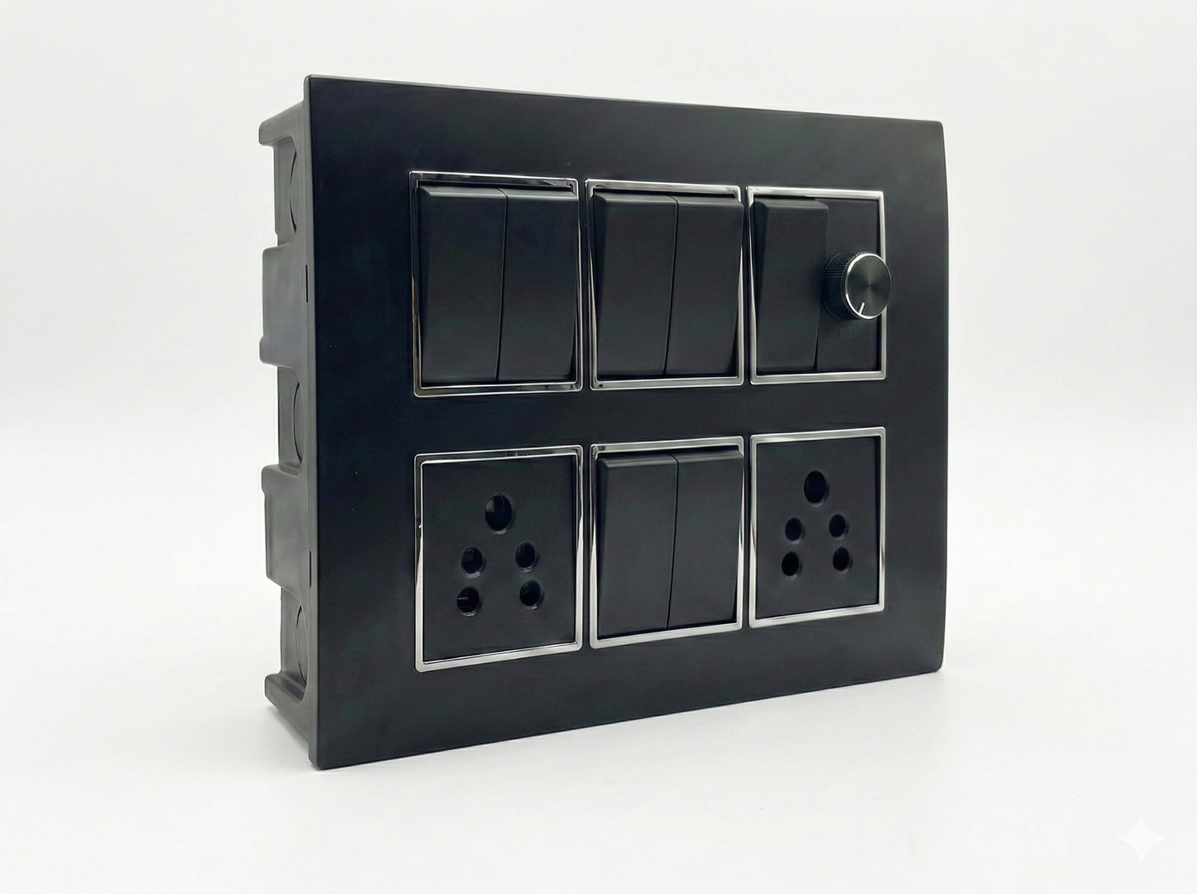 premium modular switch board, black, 7 switch with fan regulator and 2x5a socket, surface mount, pvc