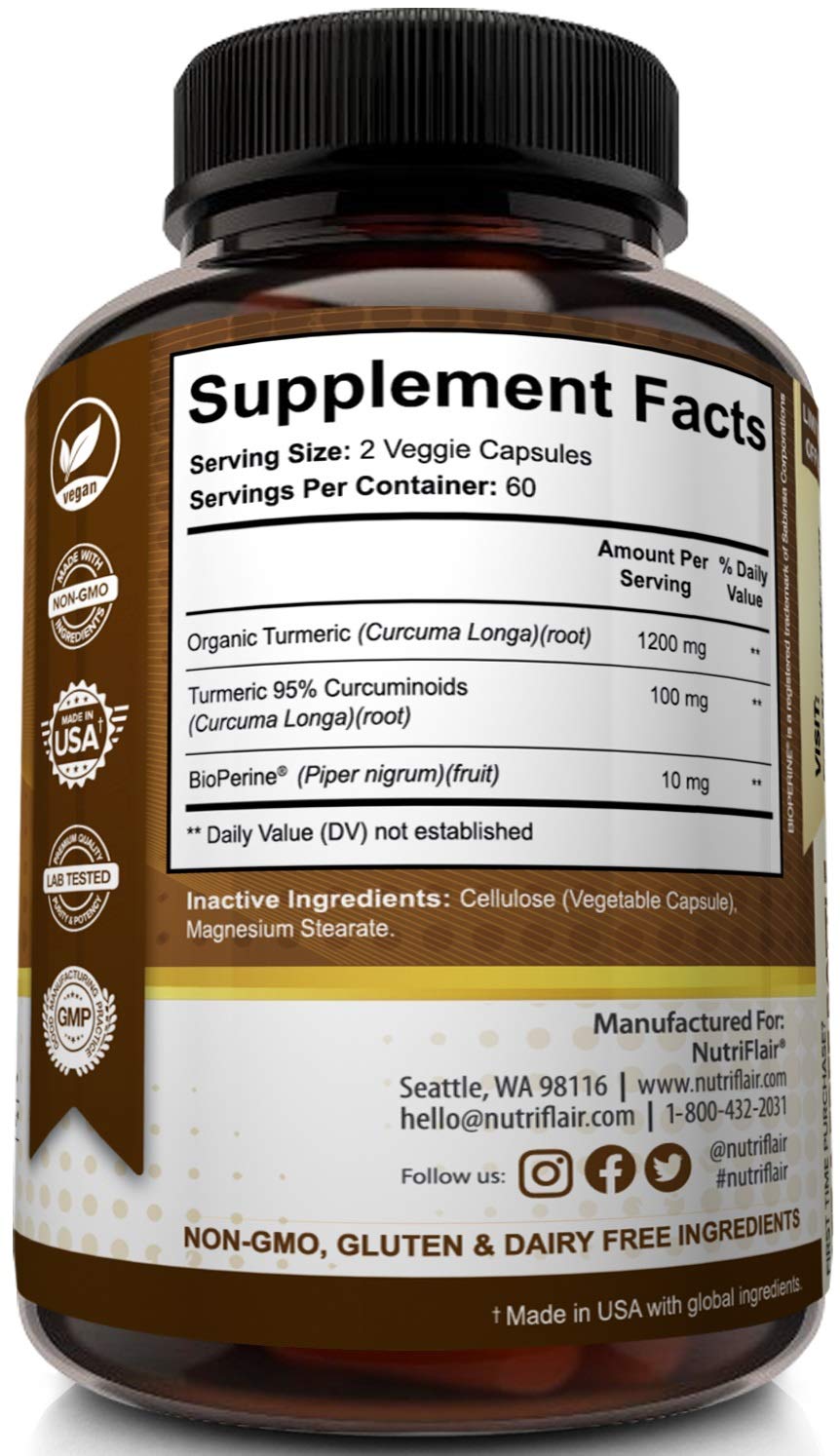 NutriFlair Premium Turmeric Curcumin Supplement (1300mg) with BioPerine