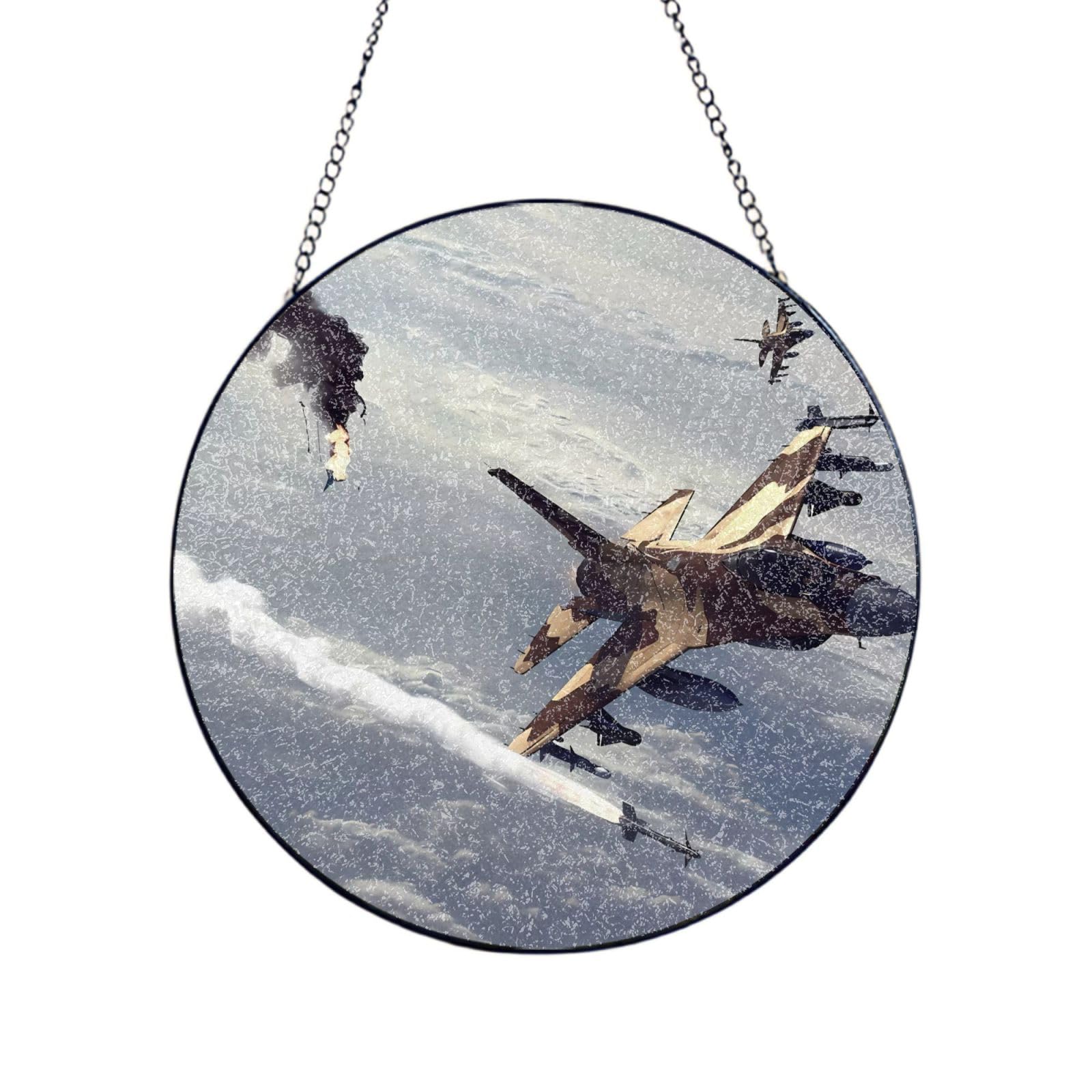 Phayah Aircraft Print Glass Window Hanging Round Suncatcher Glass Ornament Garden Wall Fence Decorations Indoor Outdoor 12in（30cm）