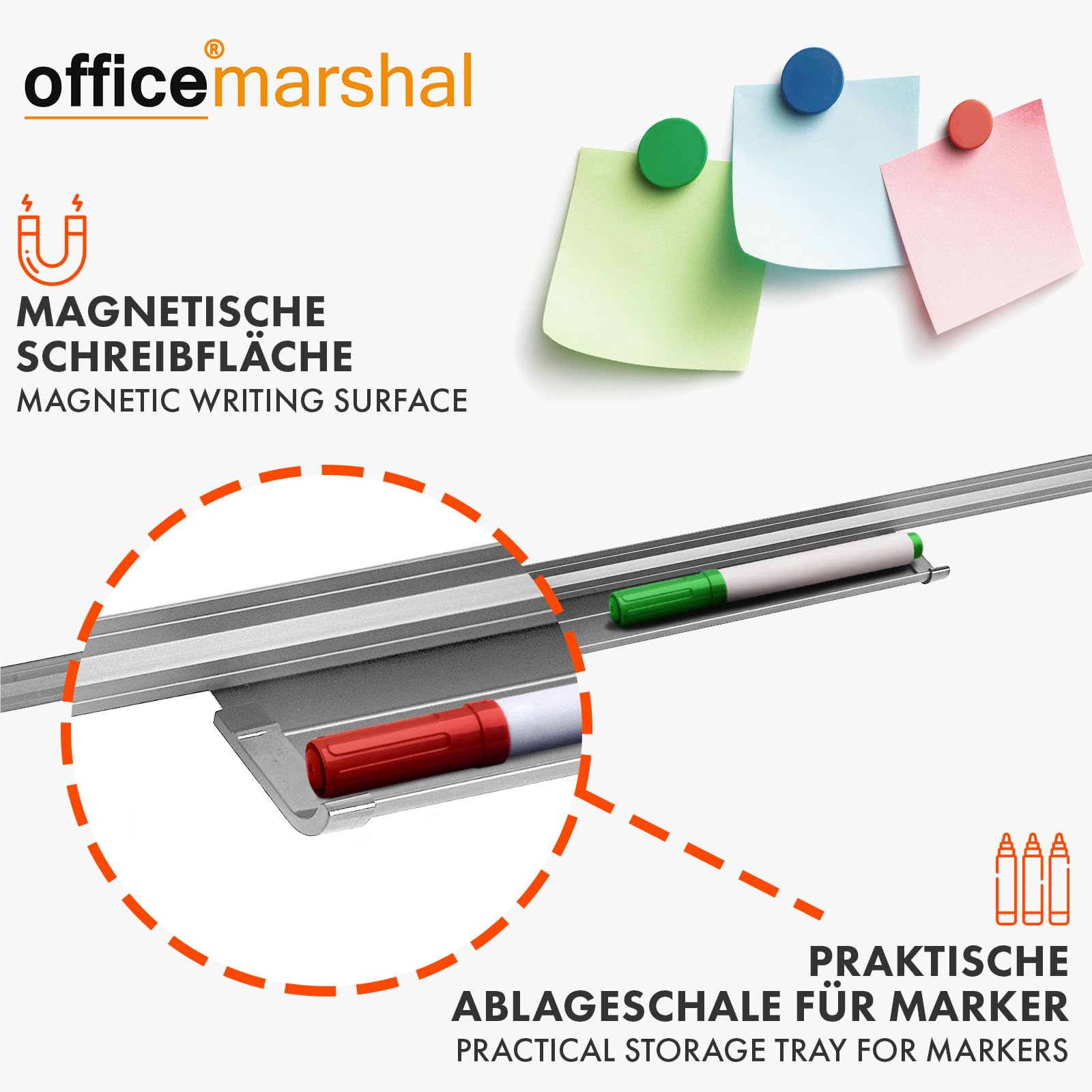 OfficeMarshal Tableau magnétique Whiteboard 60 x 90 cm avec cadre en aluminium argent | Tableau blanc magnétique avec rangement pour stylos | Tableau mémo magnétique effaçable à sec (cadre argenté)