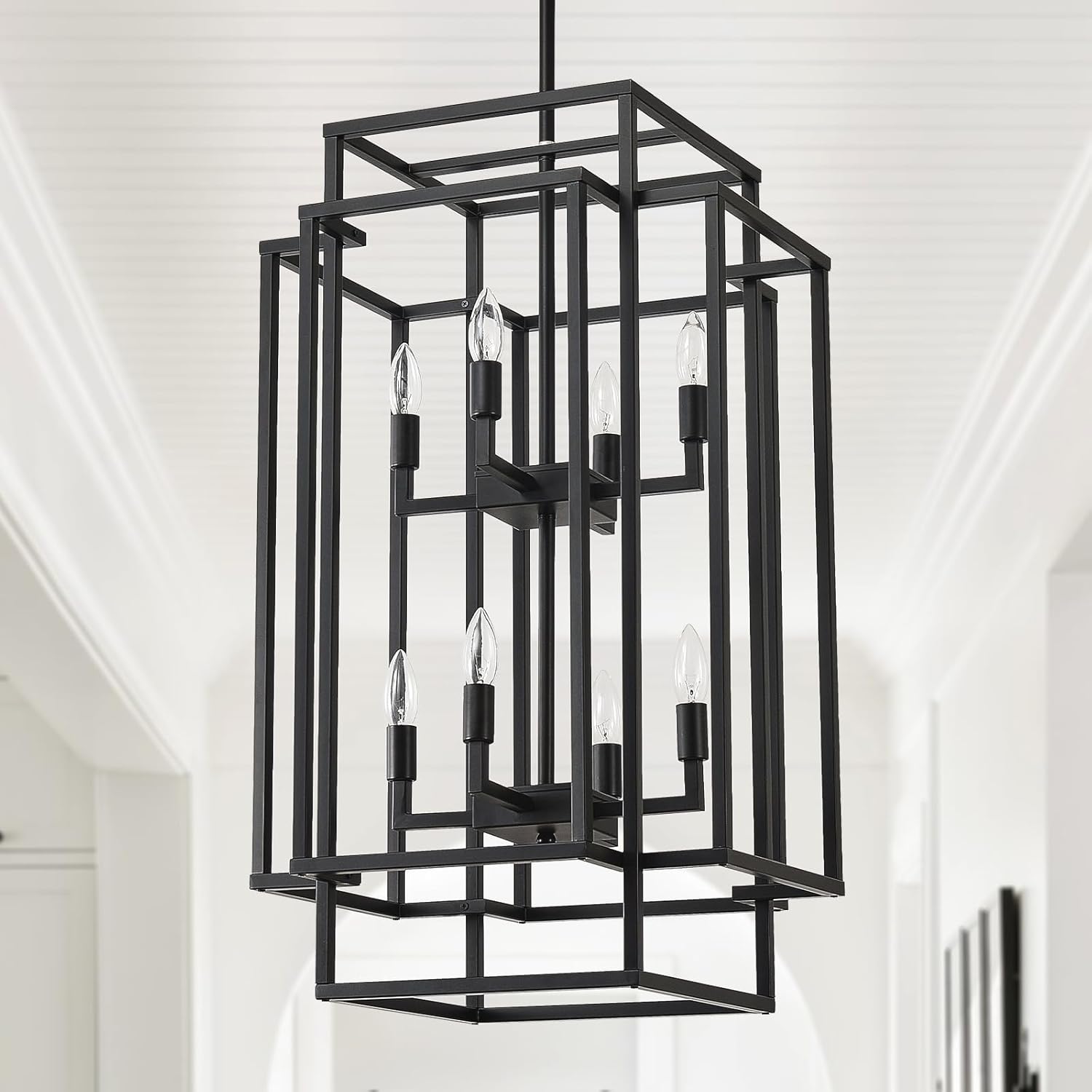 HHR 8-Light Black Lantern Tiered Pendant Light Fixtures, 32" H Foyer Lighting Fixtures, Farmhouse Chandelier for Dining Room Kitchen Island Foyer Entryway Living Room