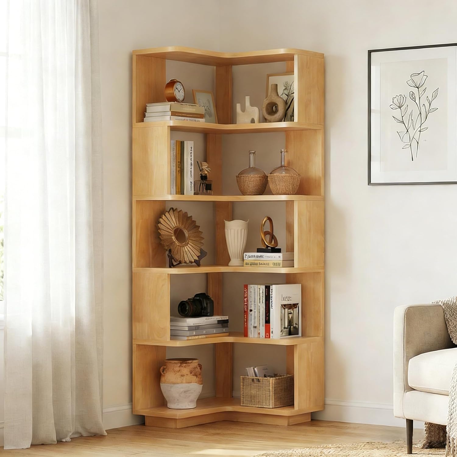 Wooden 5 Tier Corner Bookshelf - 65" Tall L-Shaped Corner Book Shelves for Space Saving, Solid Wood Bookcase Open Display Shelf with Baffle for Home Office, Living Room, Bedroom, Kitchen, Natural