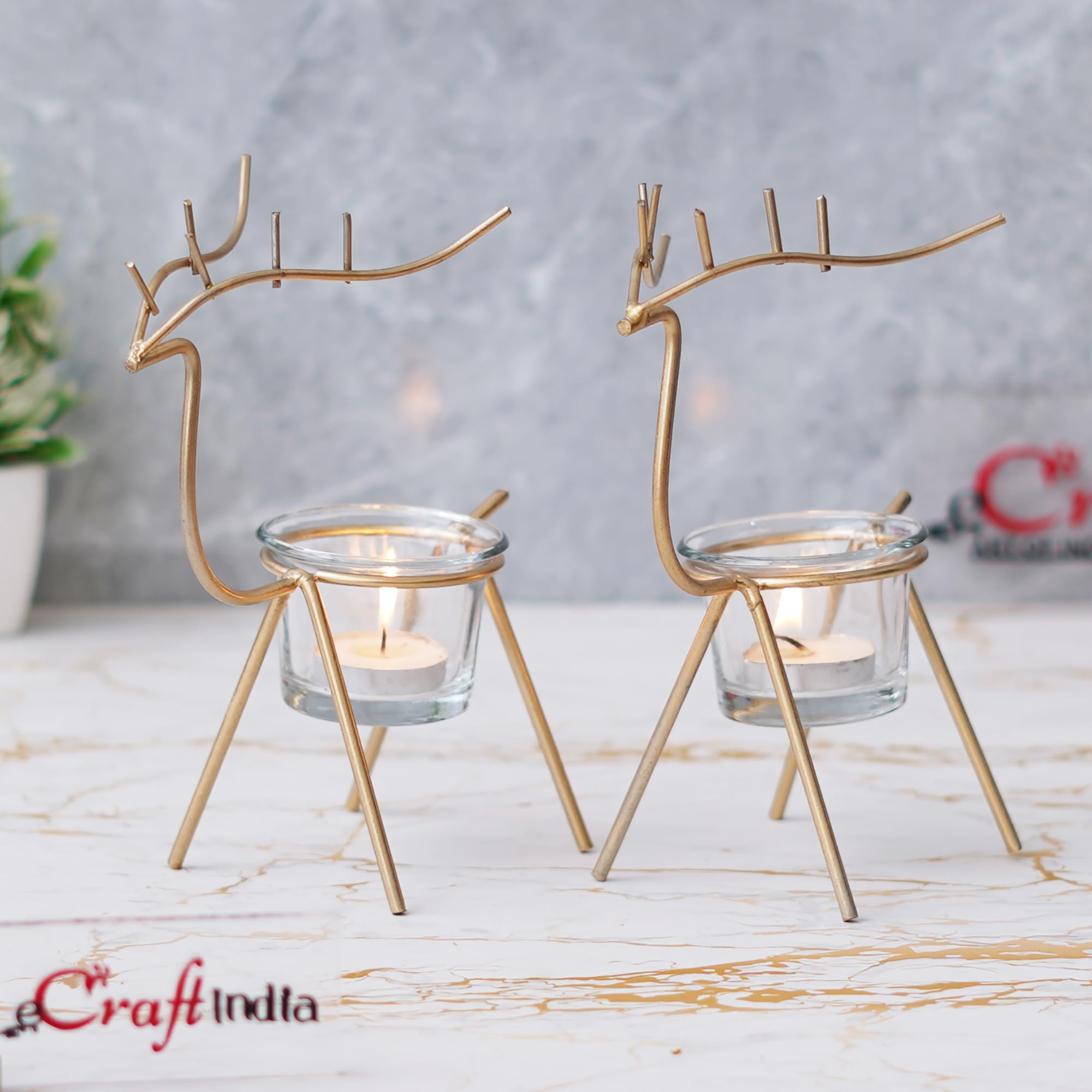 eCraftIndia Golden Metal Handcrafted Deer Shape Tea Light Candle Holder for Home, Office, Festival Decoration - Gift for Diwali, Christmas, Birthday (Set of 2)-image-21