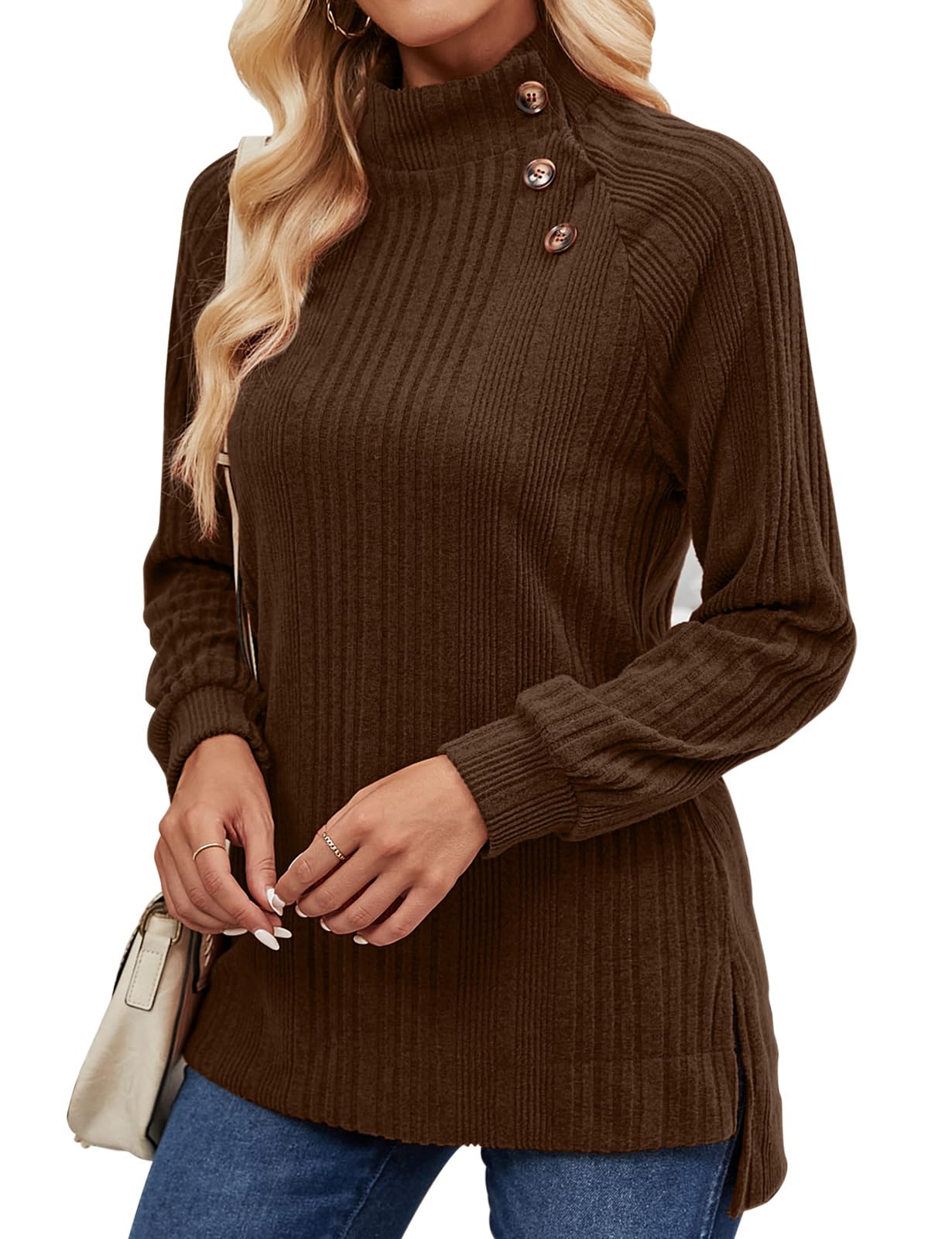 LURANEE Womens Long Sleeve Tunic Tops Turtle Neck Sweater Light High Low Side Split Sweatshirt