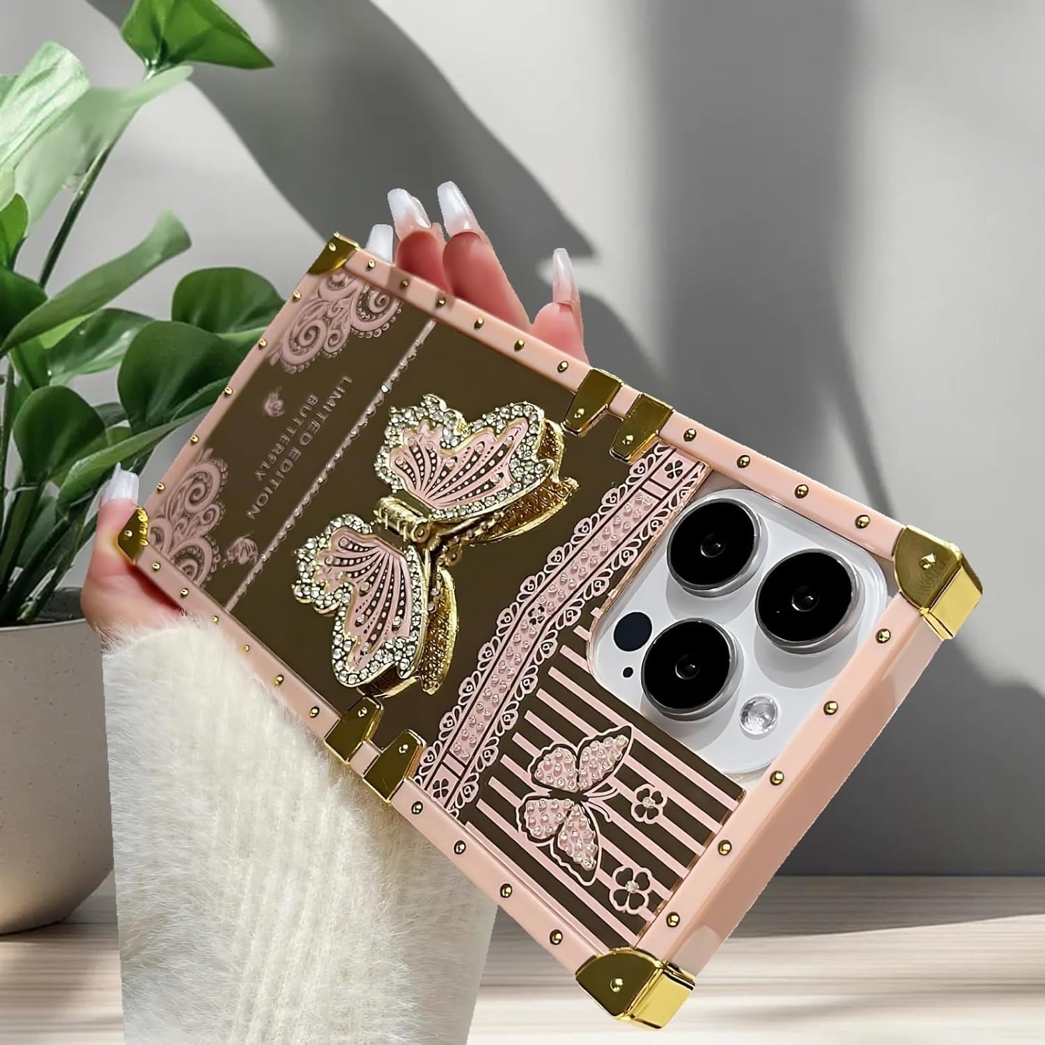 Glitter Stand Case for iPhone 17 Pro Max, Luxury Designer 3D Bling Sparkly Diamond Butterfly Kickstand Phone Holder Plating Mirror Square Shockproof Girl Women Phone Case for 17 Pro Max, Pink - Image 5