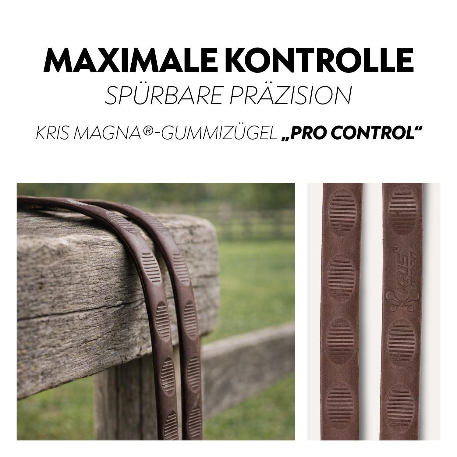 SUNRIDE redini in Gomma Kris Magna® per Cavallo (ProControl) – impugnature ergonomiche – Vera Pelle – Antiscivolo – con Ganci per testiera e fermamartingala (Marrone, Full)