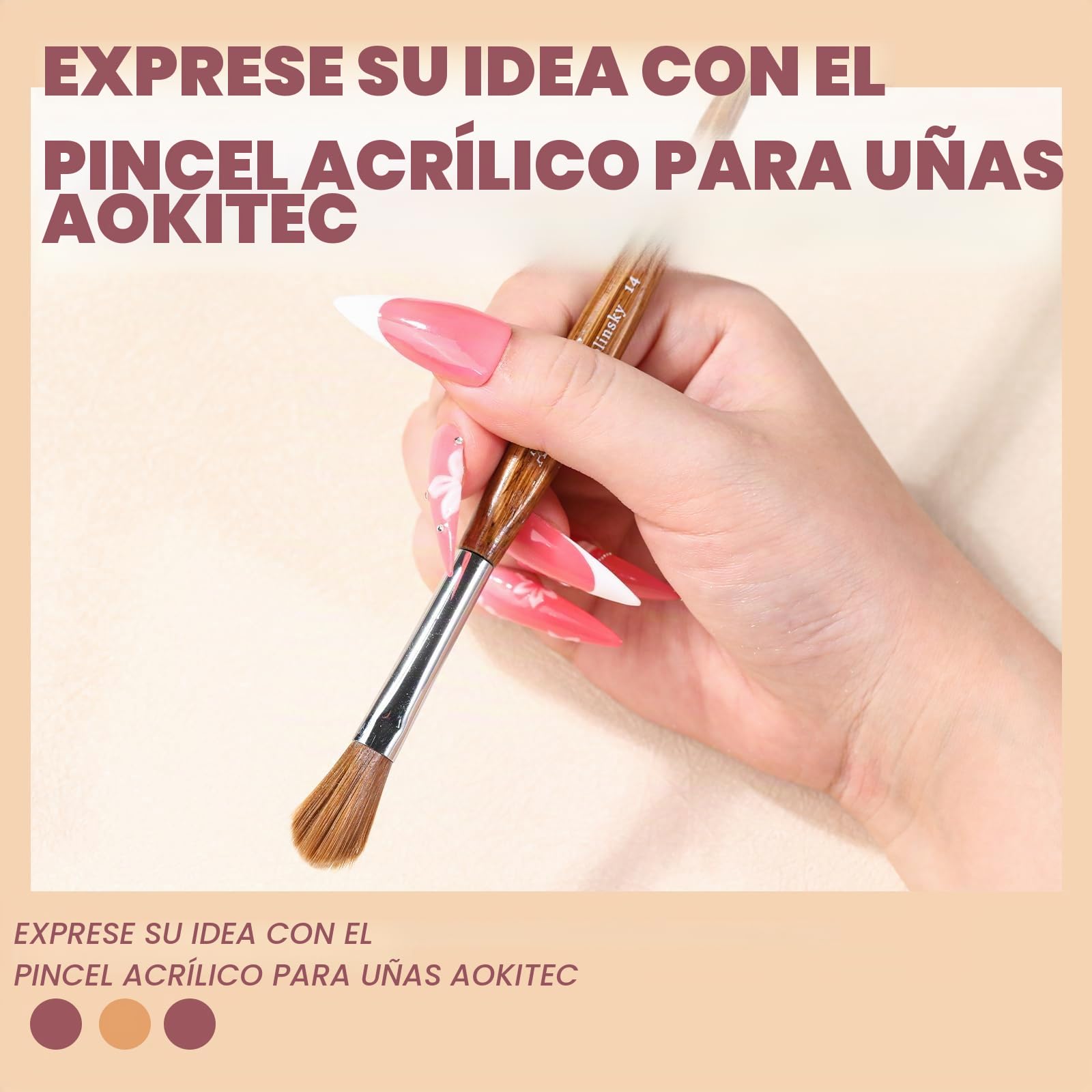 Aokitec Kolinsky Cepillo de uñas acrílico con limpiador de cepillos de metal - tamaño 8/12/14 cepillos de uñas para polvo acrílico, mango de madera cepillos acrílicos para uñas, extensión de uñas