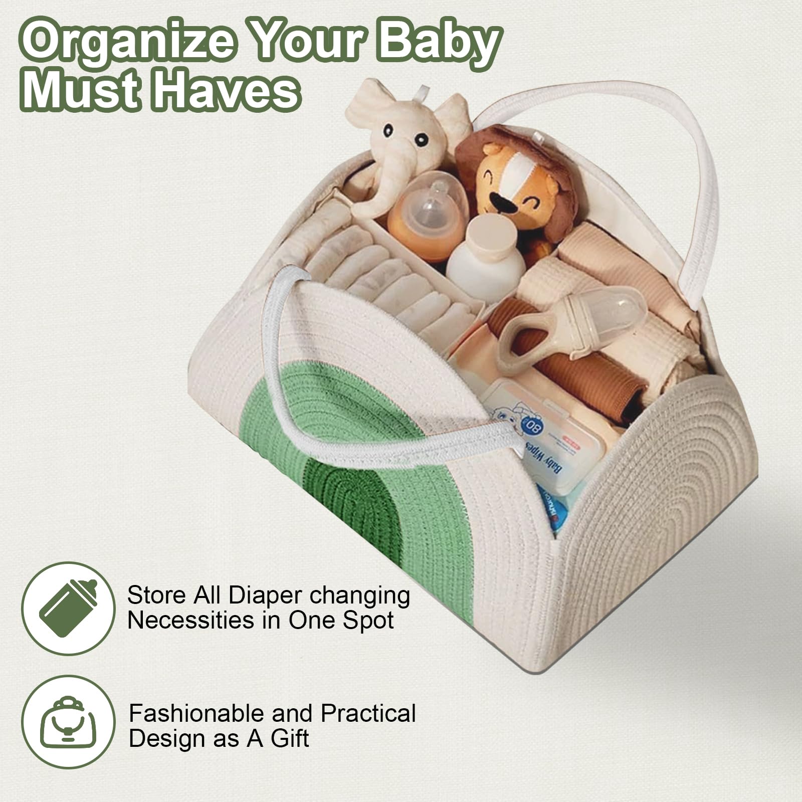 Organizer per fasciatoio, corda di cotone, organizer con divisorio, cestino portatile per pannolini per bambini, regalo per baby shower (bianco e verde)