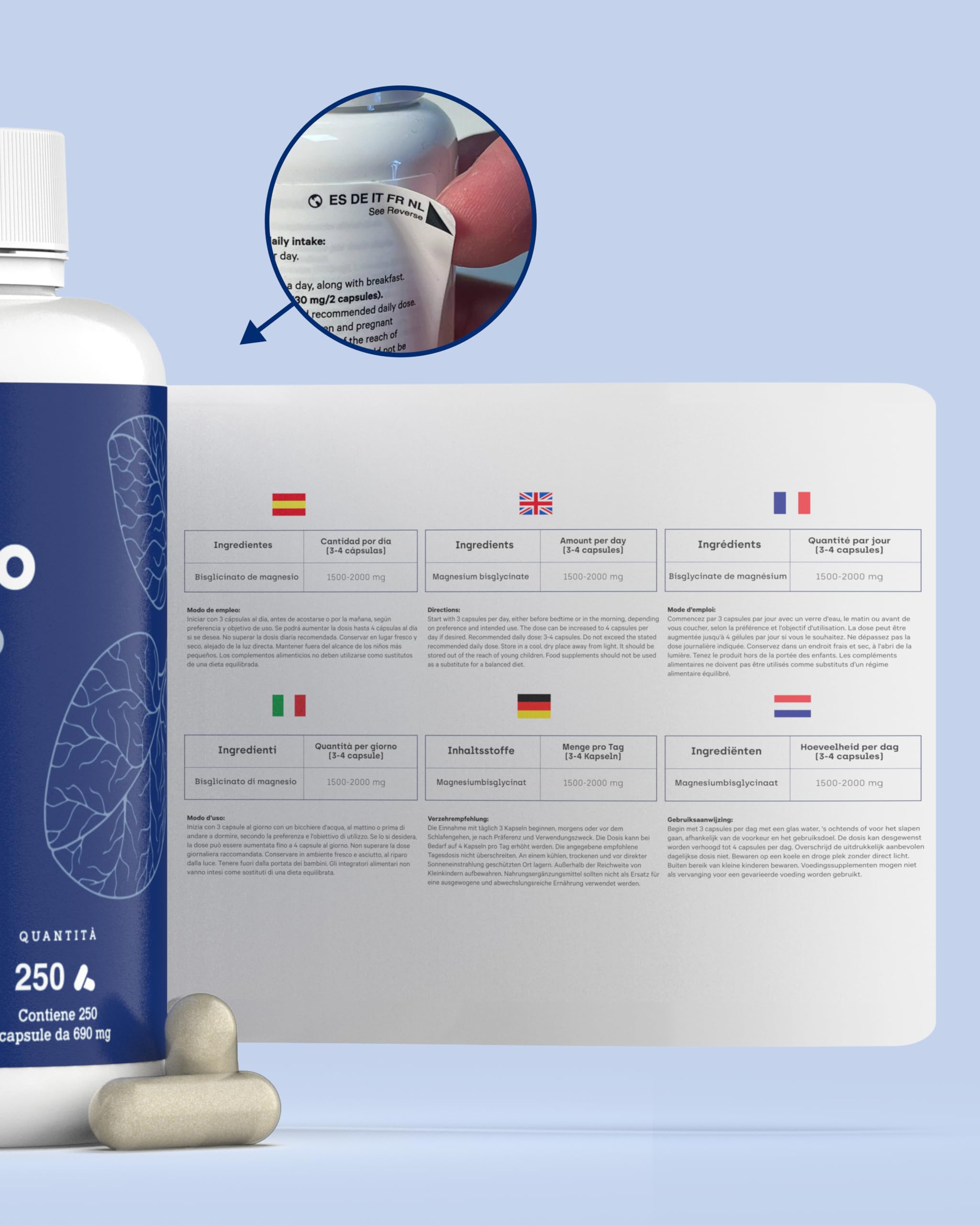 Magnesio Bisglicinato 2.000mg - Dose XXL (250 Capsule) | Forma Chelata: Sonno Ristoratore, Energia, Supporto Osseo e Muscolare, Concentrazione | Alta Biodisponibilità, Senza Effetti Lassativi