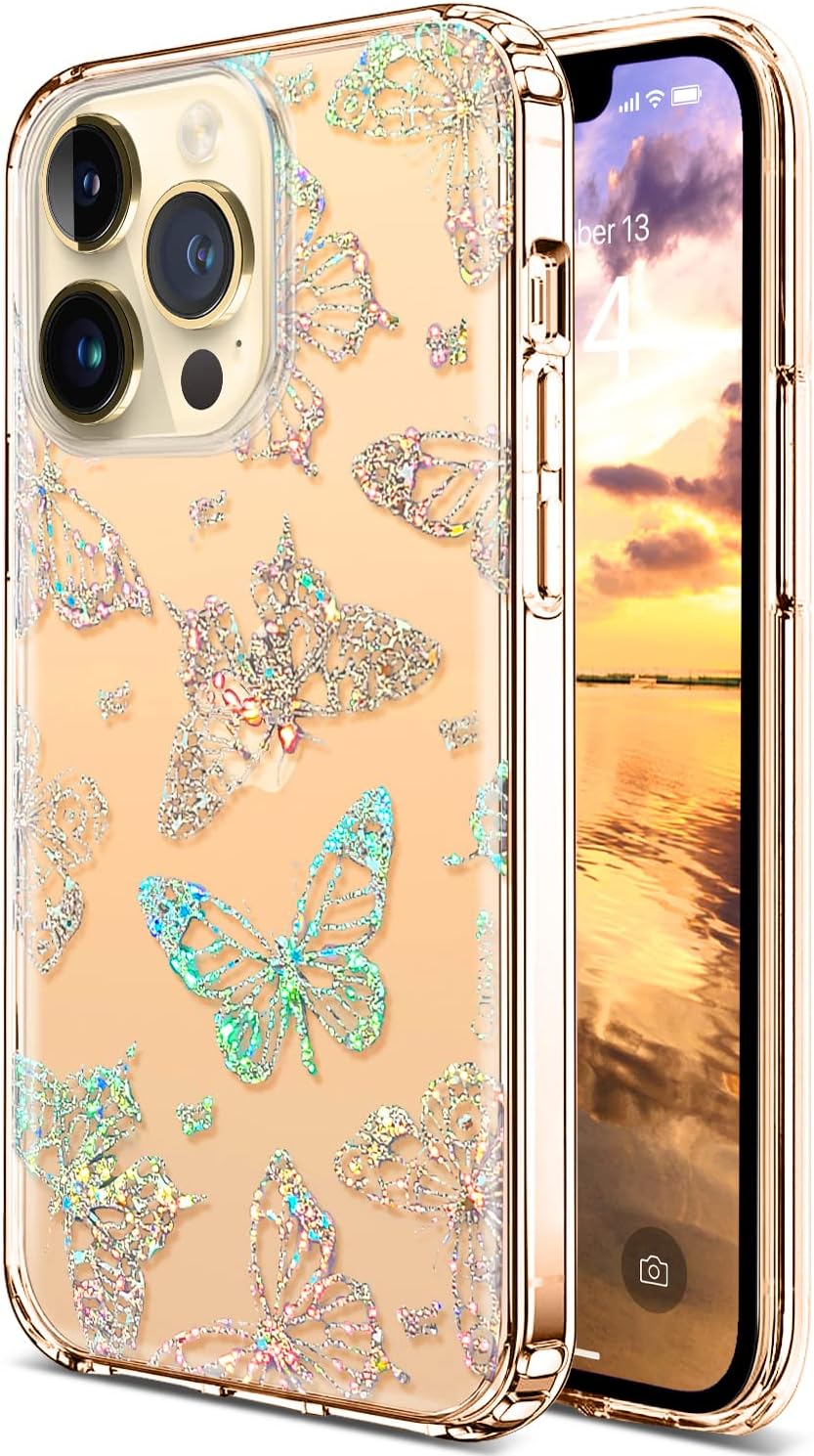Coolwee Clear Glitter Compatible Apple iPhone 14 Pro Max Case Slim Cute Crystal Butterfly Bling Women Girls Hard Back TPU Protective Cover Compatible Apple iPhone 14 Pro Max (2022) Shockproof