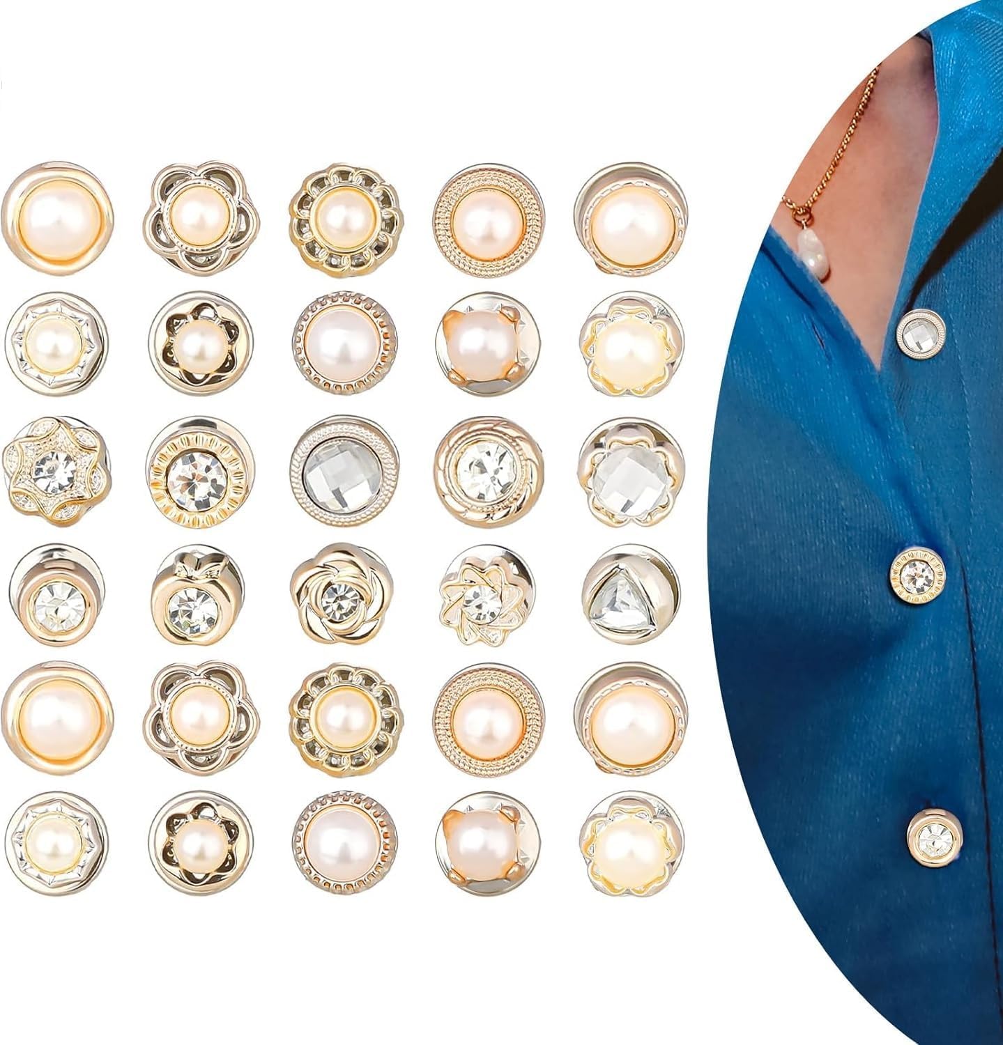 30 Pcs Pearl Brooch Button Pins for Women – No-Sew Shirt Gap Fix Buttons, Decorative Saree Pins, Rhinestone Dress Brooches, Cardigan Collar Clips, Blouse Accessories, DIY Craft & Bag Embellishments-image-37