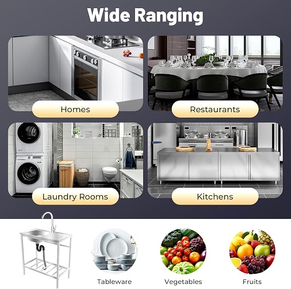 Kitchen Sink Unit, Free Standing Single Bowl Kitchen Sink with Storage Shelf and Faucet, Outdoor Stainless Steel Utility Sinks, for Backyard, Garage, 75×40×75cm