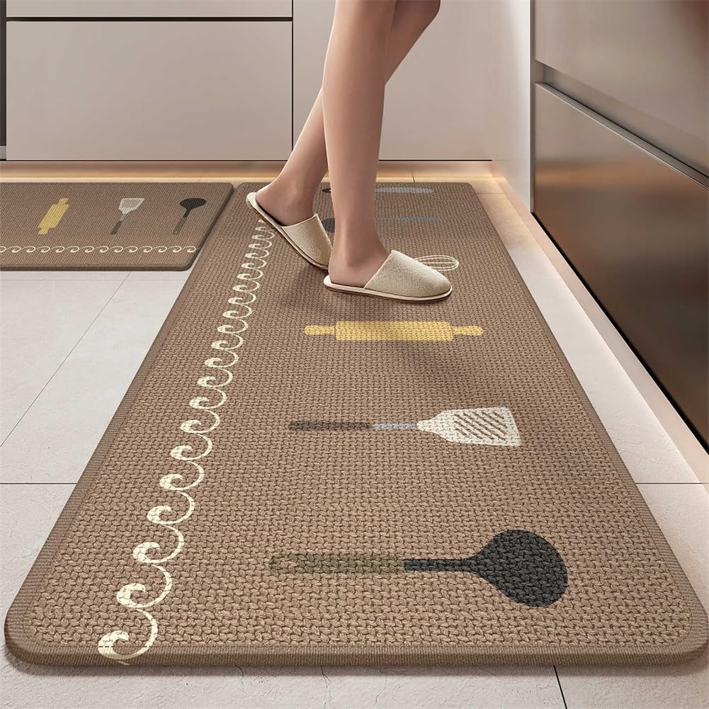 Générique Tapis de Cuisine rembourré Anti-Fatigue, Tapis de Cuisine tissé antidérapant, Tapis de Confort imperméable et Facile à Nettoyer for Sol, évier et Bureau Debout(Brown kitchenware,45x120cm)
