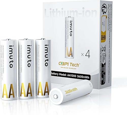 Miniatura 10 de imuto Baterías recargables AA con cargador, baterías de litio AA de 3600 mWh, paquete de 8, cargador de batería de litio AA de 4 ranuras, salida de
