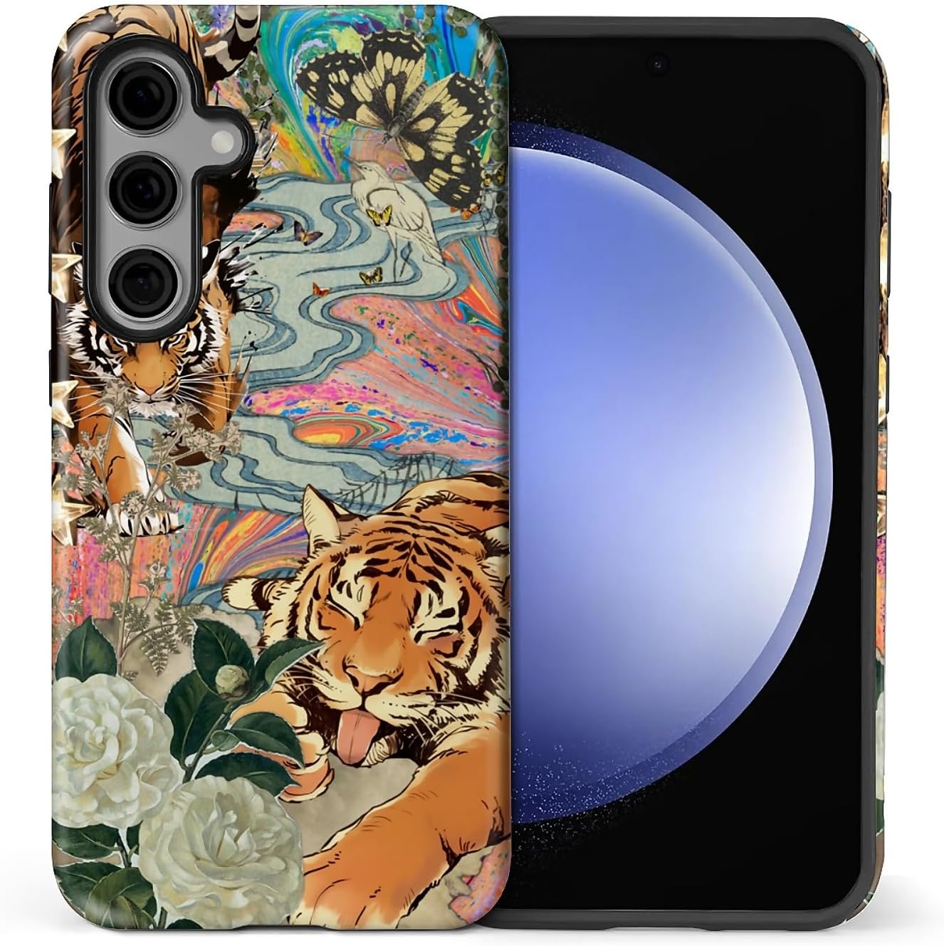 Case for Samsung Galaxy S25 FE, Hybrid Heavy Duty 2 in 1 Full Body Rugged Shockproof Protection Glossy Case for Samsung Galaxy S25 FE Fun Tiger Butterfly Collage