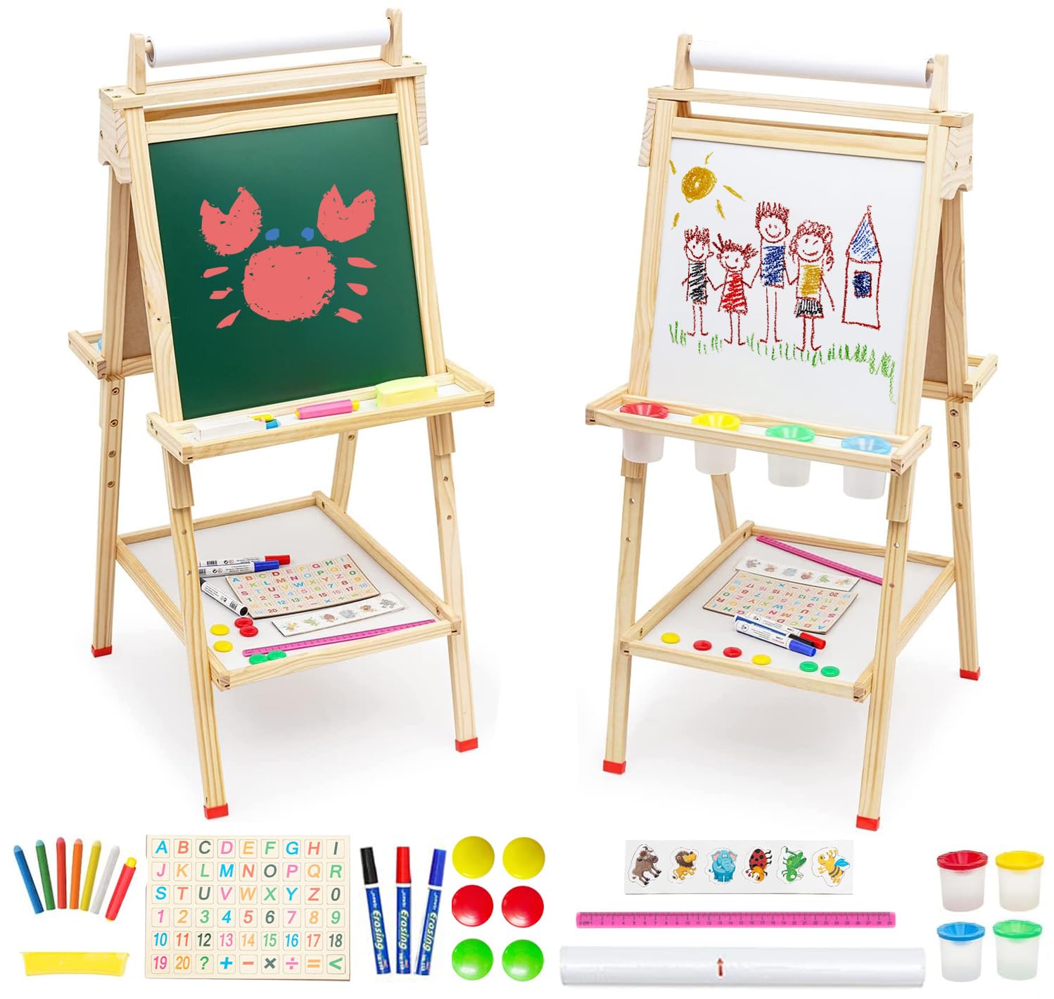 Lavagna per Bambini 3 in 1 Cavalletto in Legno Pittura in Regolabile Altezza, Lavagna Doppia Faccia, Lavagnas Multiattività con Rotolo di Carta, Numeri e Altri Accessori, Giocattolo Educativo 3+ Anni