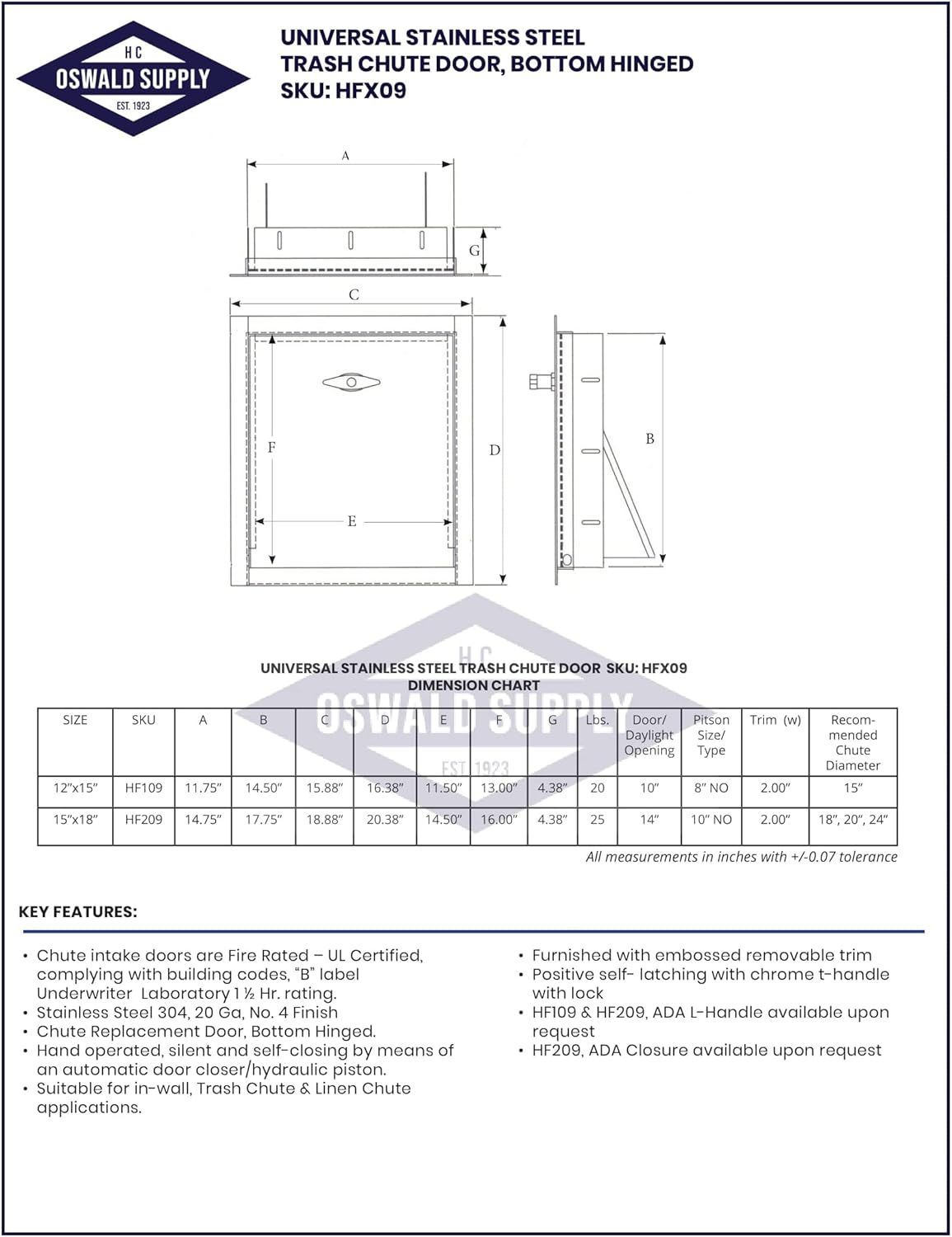 Universal Stainless Steel ADA Compliant L Handle with Standard Closure 15"(W) x 18"(H) Trash Chute Door - Bottom Hinged