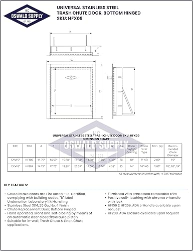 Miniatura 7 de Universal Stainless Steel ADA Compliant Trash Chute Door - Bottom Hinged, 21"(W) X 18" (H). Self Closing, Fire Rated & UL Approved by Oswald Supply