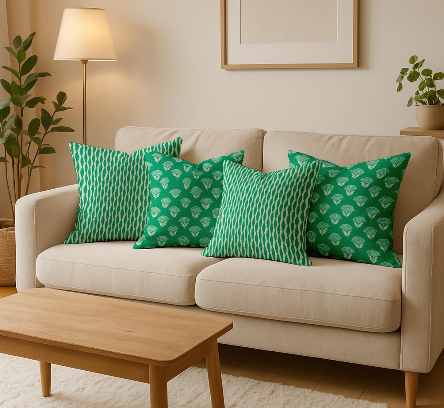 16x16 Inch Cushion Covers Set of 4 - Premium Cotton, Block Print, Reversible Printed Pillow Covers with Concealed Zipper - Green