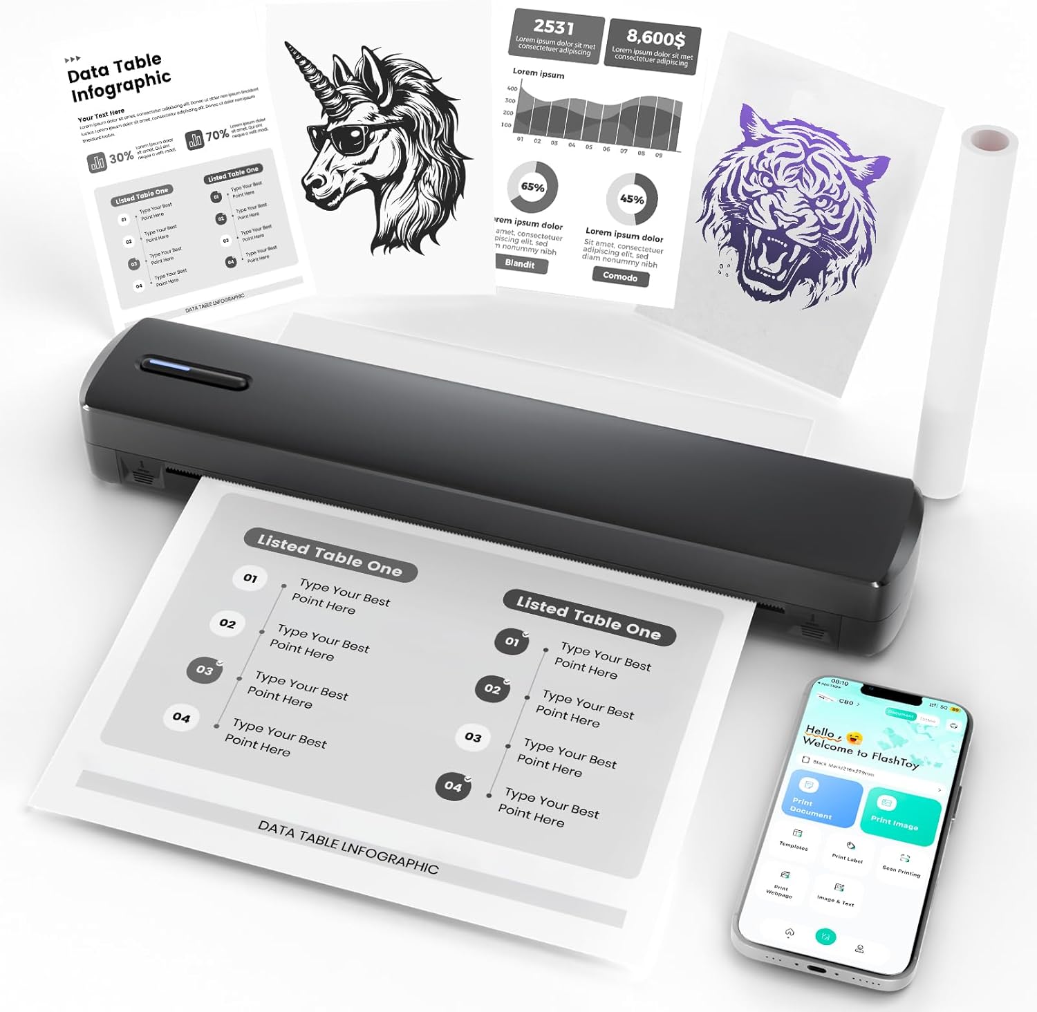 Portable Thermal Printer - Tattoo Stencil Machine - Wireless Bluetooth Inkless Printer, Supports 8.5 x 11 Letter A4 A5 Sizes, Perfect for Business Travel Home Tattooist - Laptop Smartphone and PC