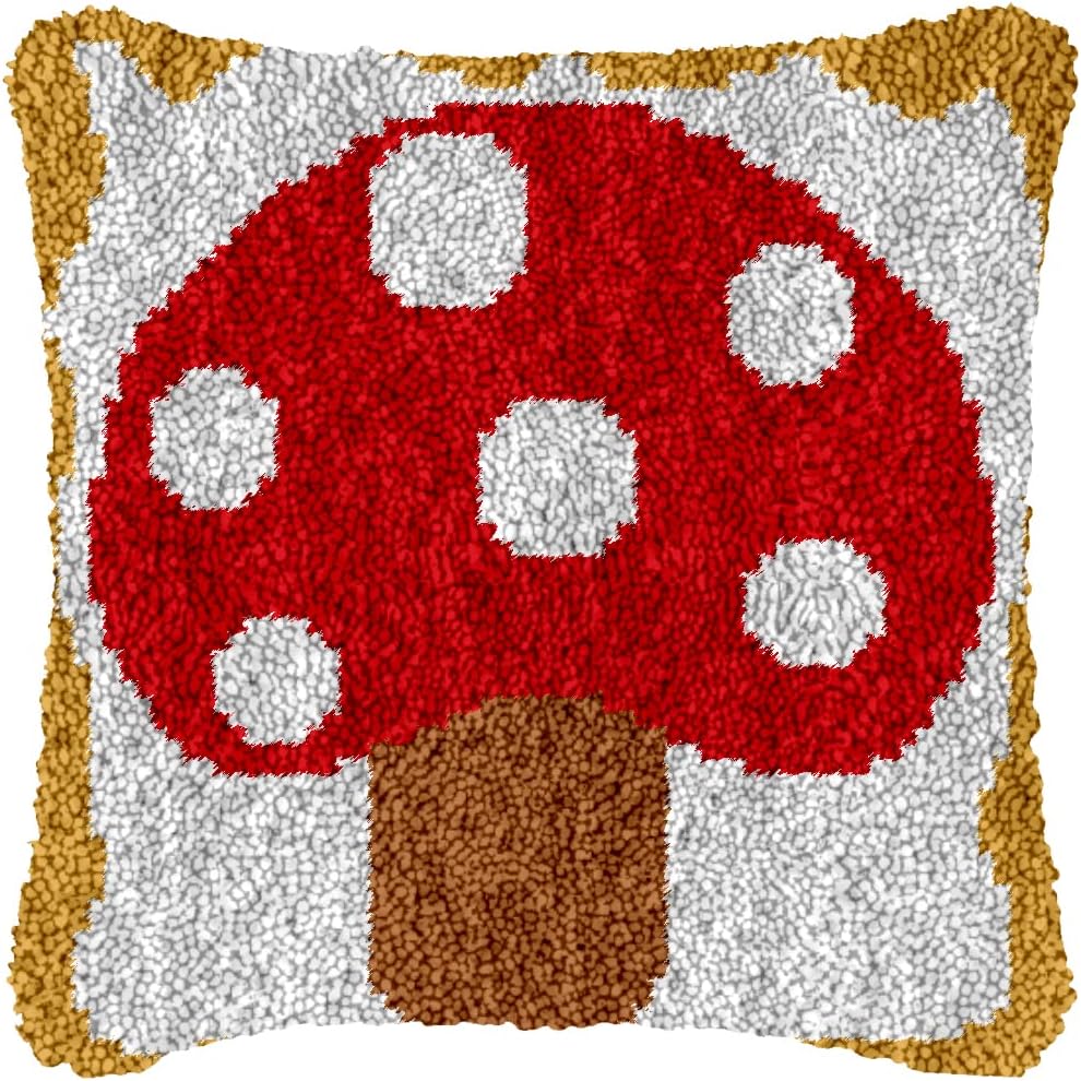 Latch Hook Kits Pillow Red Mushroom Printed Canvas Cushion Crochet Yarn Needlework Hook Latch DIY Kit Embroidery Pillowcase Rug Cover Home Sofa Christmas Decoration 43x43cm