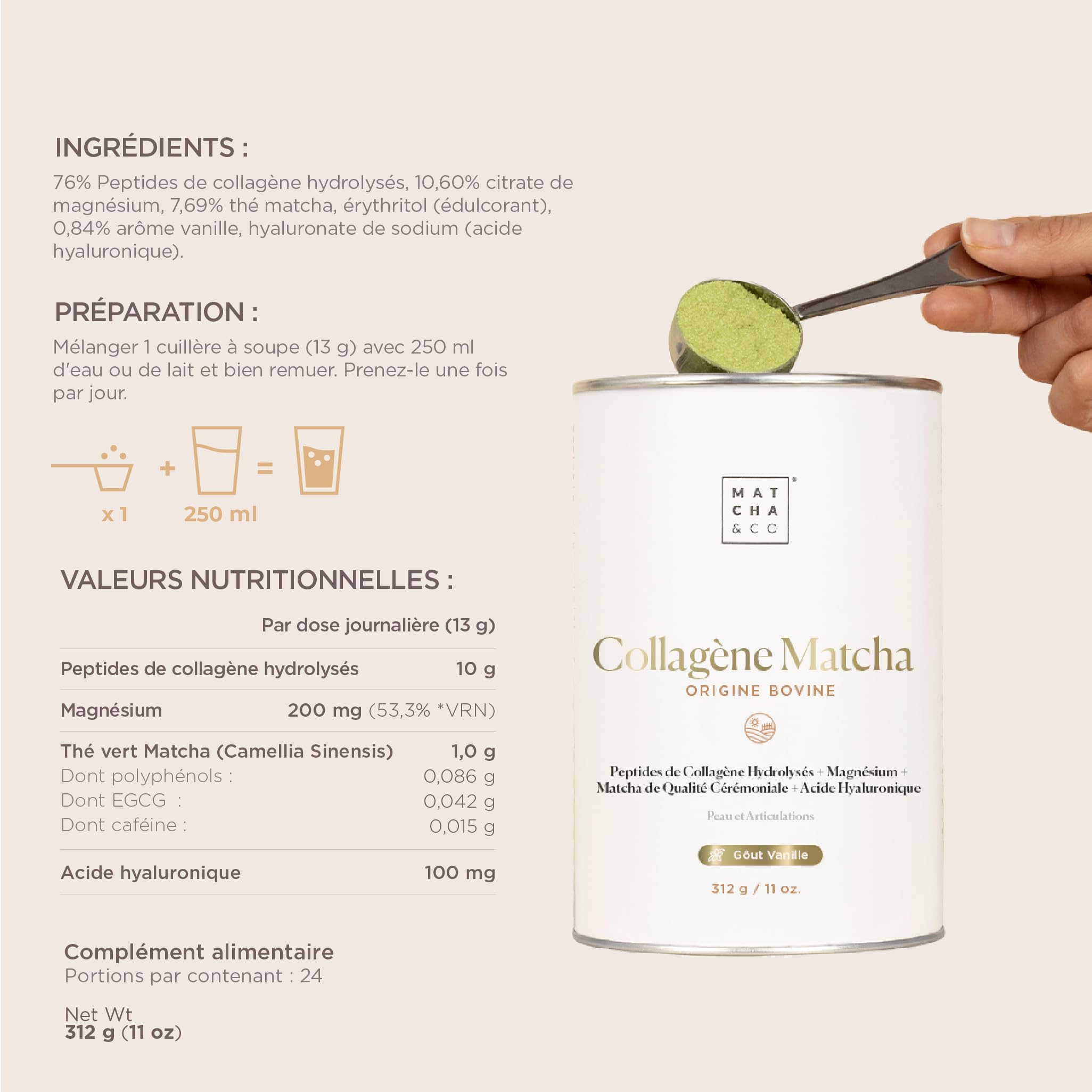 Collagène avec magnésium, thé Matcha et acide hyaluronique. Articulations, peau et ongles. 300 g de poudre de collagène matcha. Sans gluten, sans sucres ajoutés et sans OGM. Gardez votre corps sain