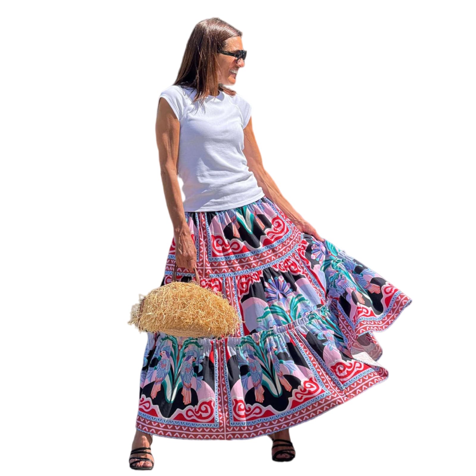 Minigonna Donna Boho Stampa Maxi Gonna Alta Vita A Livelli Ruffle Beach Vacanze, Traspirante Lunga Linea-Pink Print-s