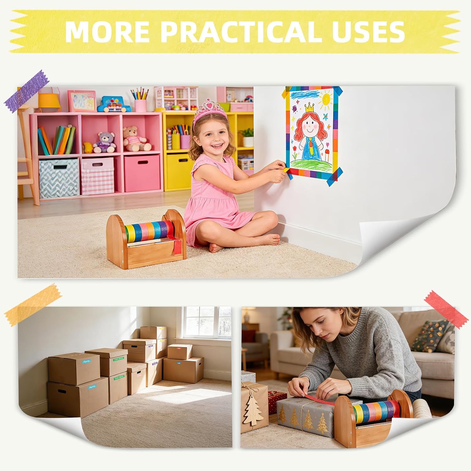 Wood Masking Tape Dispenser, Kids Arts & Crafts Tape Holder with 8 Rolls Colored Masking Tape, Multi Roll Washi Tape Organizer-Acrylic Serrated Cutter, Perfect for Gift Wrapping, Office Home School