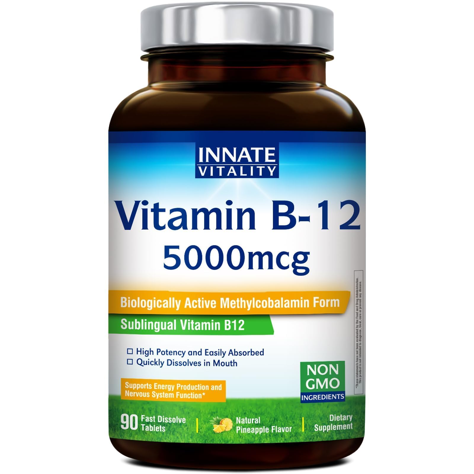 Innate Vitality Vitamin B12 5000mcg, Sublingual, Vegan Methylcobalamin, Fast Dissolve Tablets, Natural Pineapple Flavor, Supports Energy Production & Healthy Nervous System, 90 Tablets