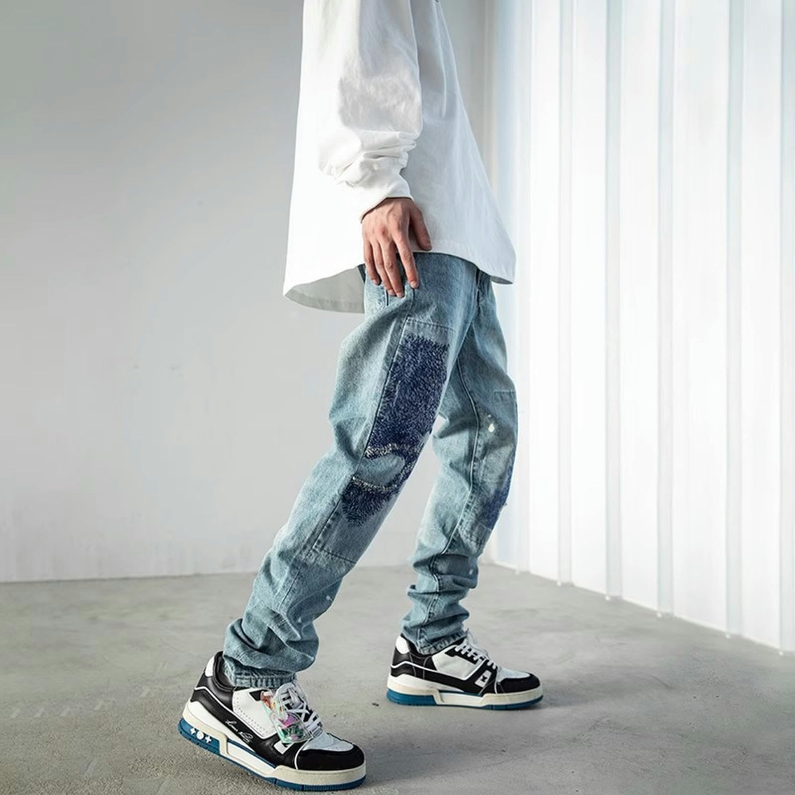 Pantaloni da Uomo Street Jeans Patchwork-Blu-XXL