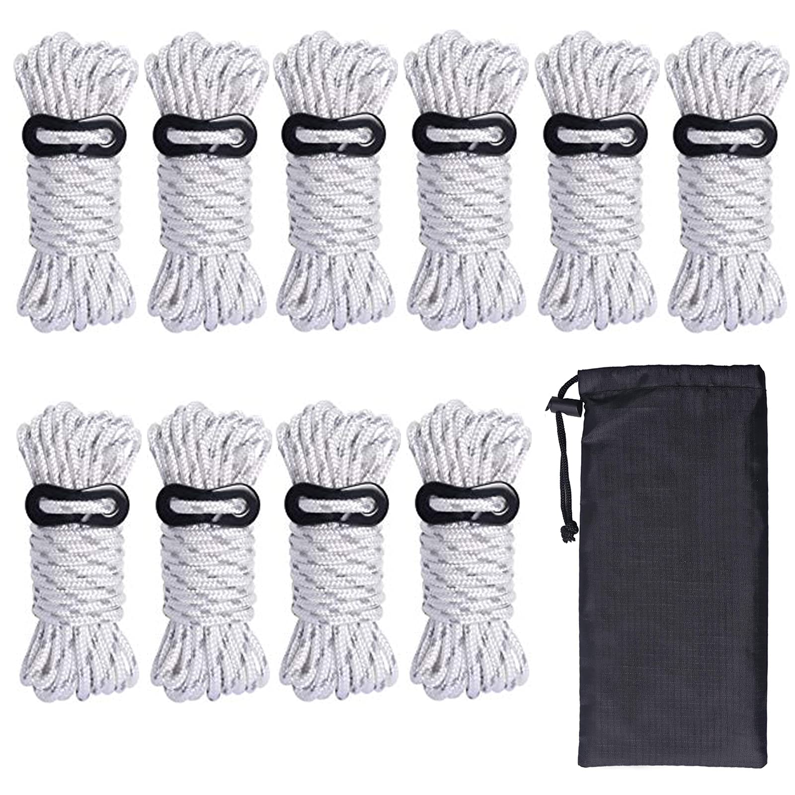 HIKEMAN10 Pack 4mm Camping Rope Reflective Outdoor Guy Lines with Aluminum Guyline Adjuster Tensioners Nylon Tent Tie Downs for Hiking Backpacking Tarp,Canopy Shelter (White)