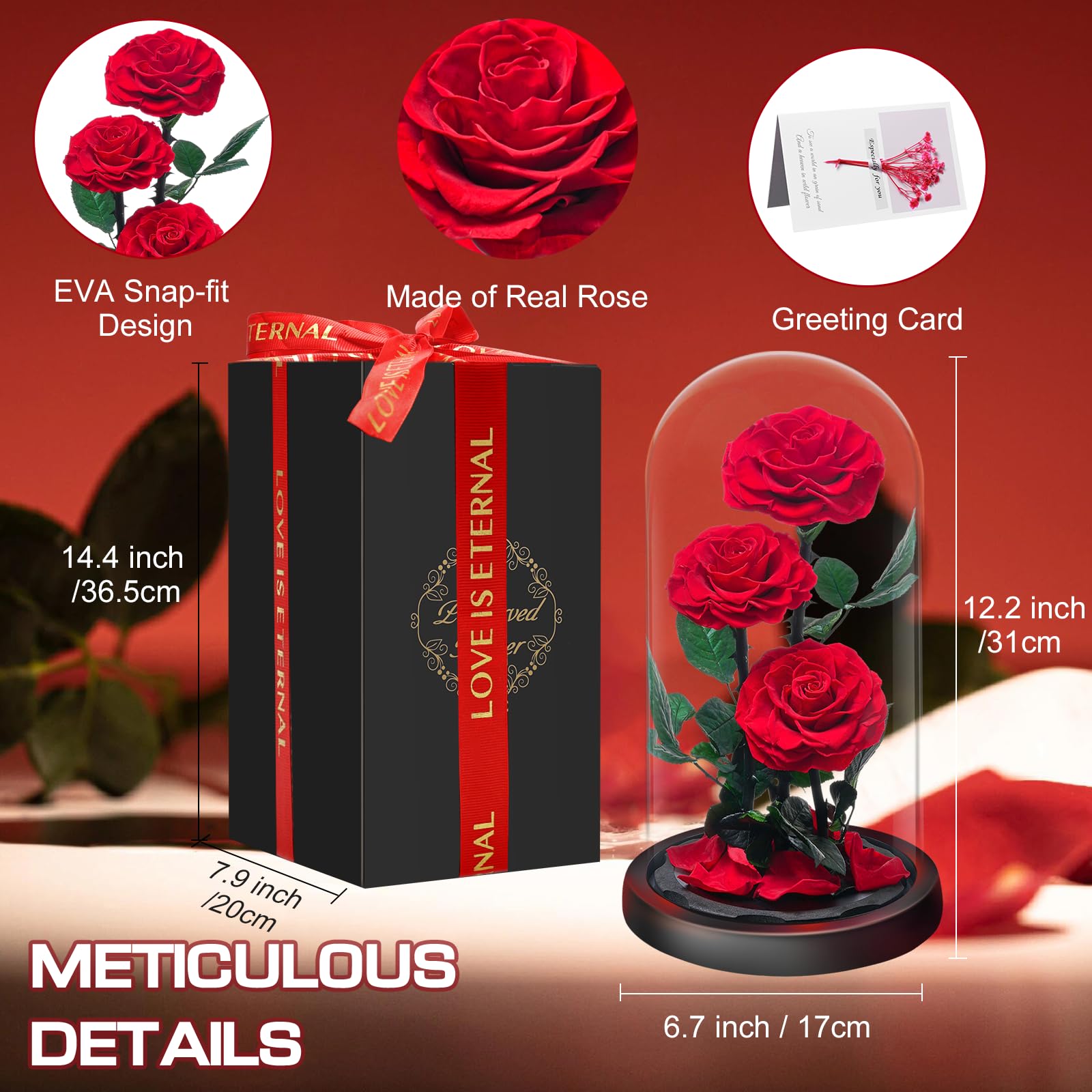 Rose Éternelle sous Cloche, Naturelle Fleur Eternelle Cadeau, Idée Boite Rose Eternel, Cadeau pour la Saint-Valentin, Fête des Mères, Noël, Anniversaire, Femme, Copine, Amie, Maman, Grand Mere