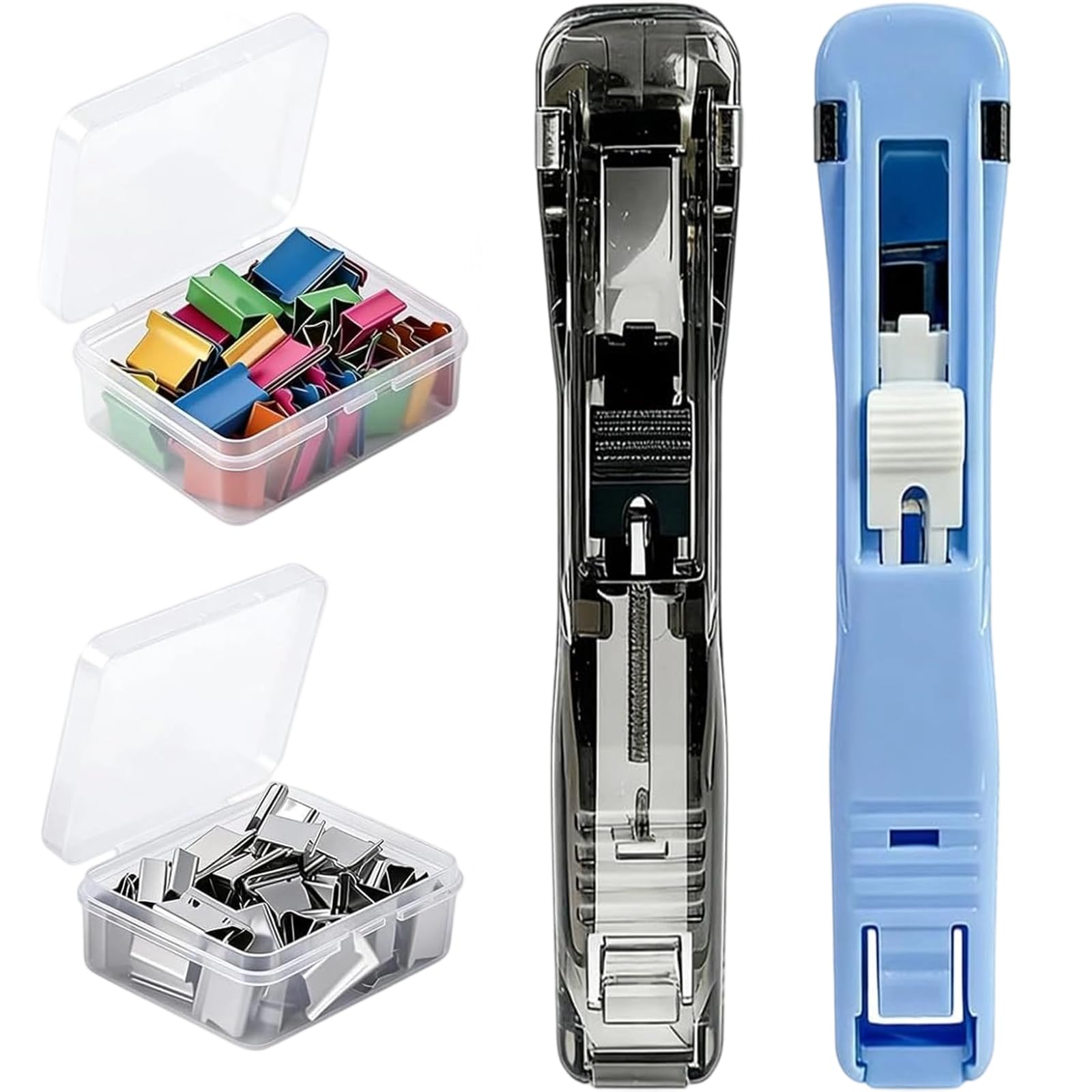 Portable Binder Clip Stapler - Includes 100 Reusable Clips, Handheld Paper Binder Clip Dispenser for Desk Document, Metal Office Supplies in Clear Box for Home Organization School (2PCS-LB+B)