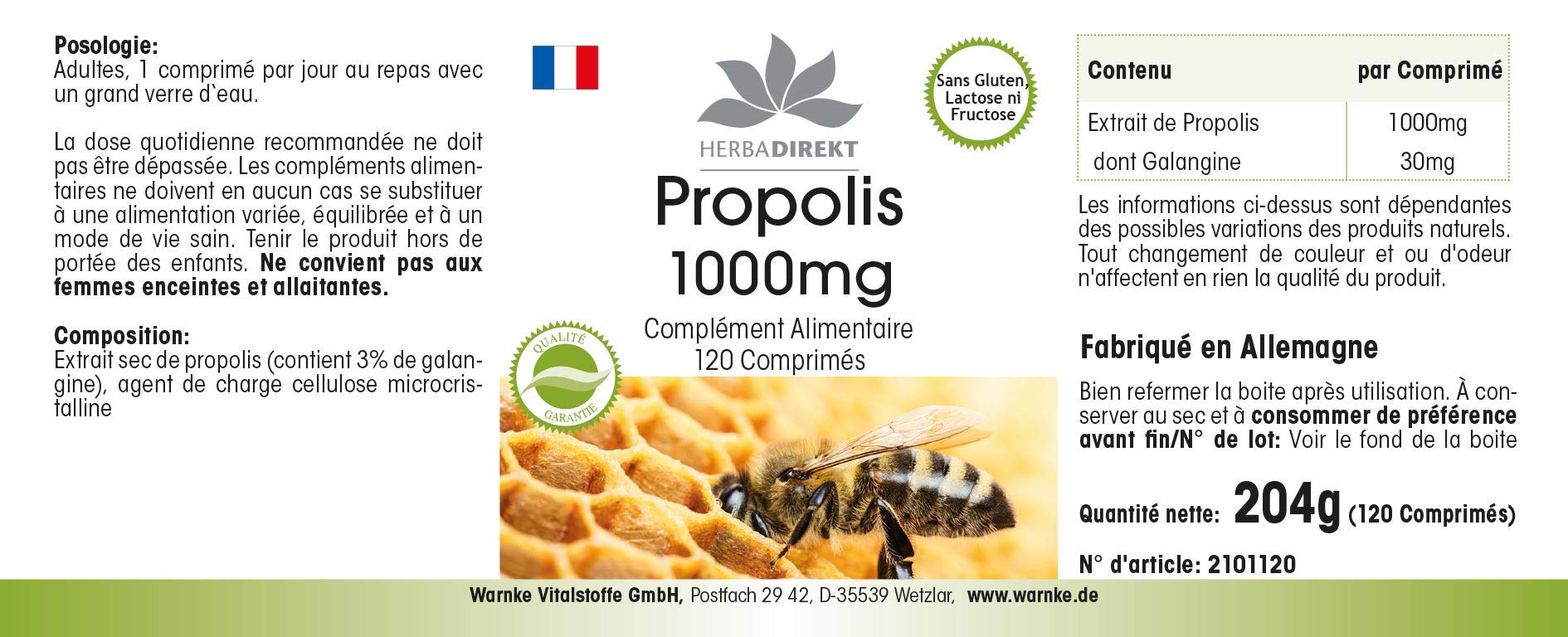 Propolis 1000mg - dosage élevé - 120 comprimés - avec 3% de Galangin | Warnke Vitalstoffe - Qualité des pharmacies allemandes