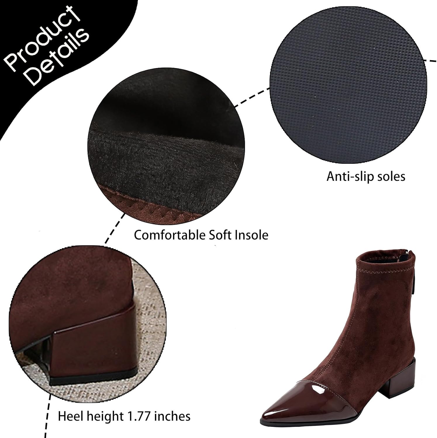 Women's Suede Chunky Heel Ankle Boots with Side Zipper Retro Leather Pointed Toe Low Heel Short Bootie Fall Winter Daily Casual Dress Boots - Image 5