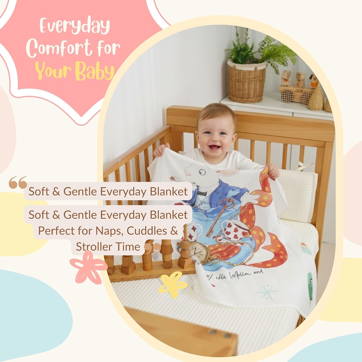 100% Cotton Double Gauze Baby Blanket Set of 2, Lightweight & Breathable All-Season, Soft Muslin Feel, Made in Korea, 35 x 43 Inches, Wonderland Rabbit & Animal Bus Patterns