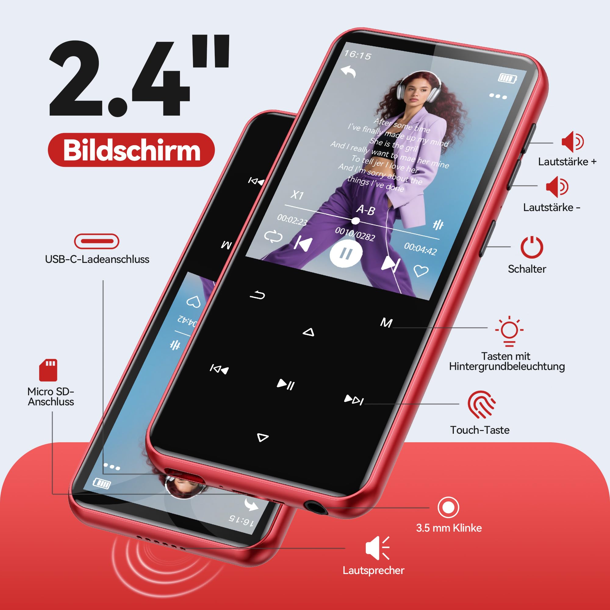 AGPTEK 2,4" MP3 Player & Tasche, 64GB MP3 Player Bluetooth 5.3 HiFi Musik Kinder MP3 Player mit Lautsprecher, Touch-Tasten, FM-Radio, E-Book, Aufnahme, Unterstützung bis zu 128 GB, Rot