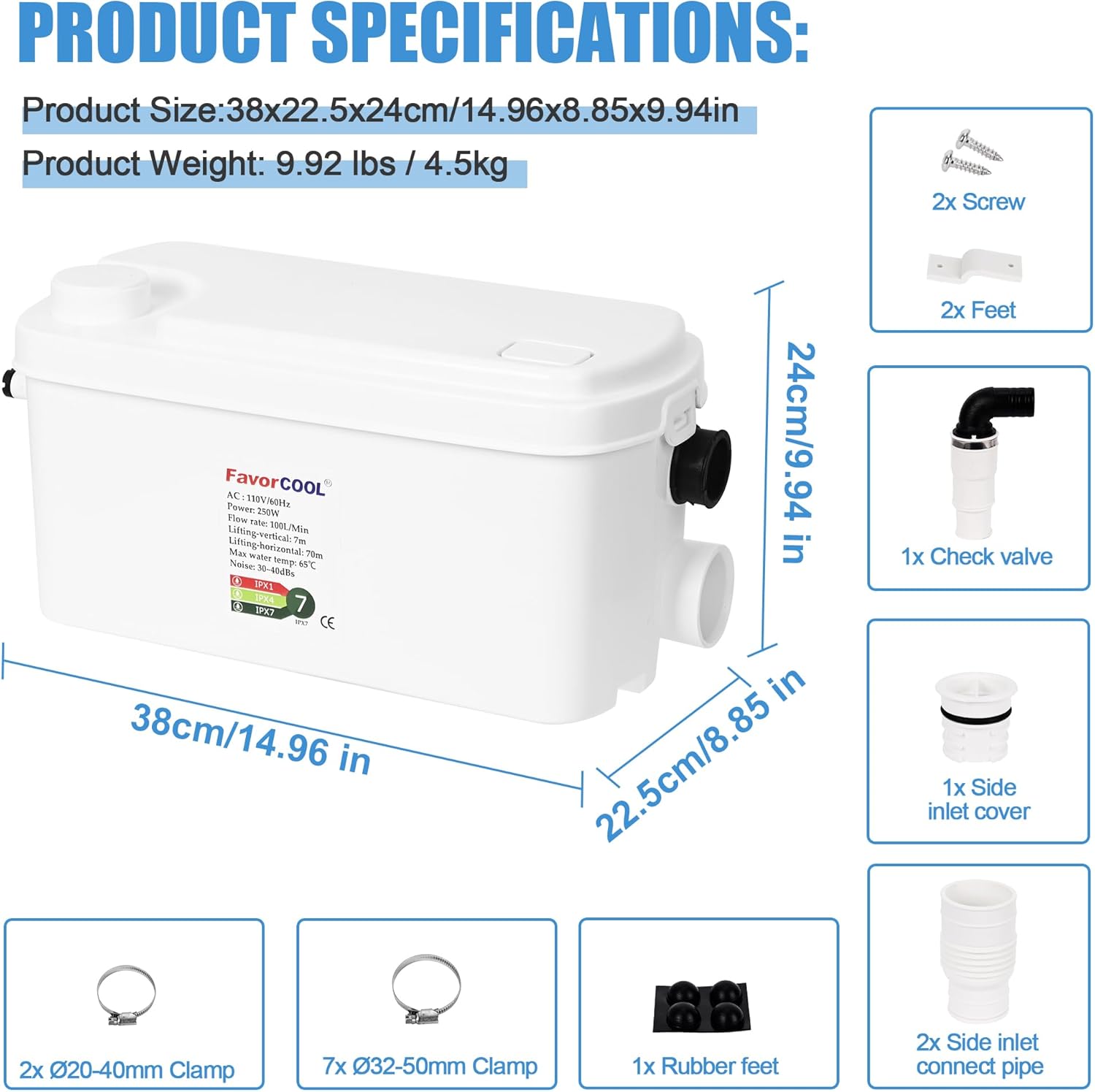 Macerator Pump Sink Sewerage Pump, 250W Utility Sink Pump Upflush to 22.9ft/7 m with 3 Water Inlets for for Basement, Kitchen, Sink, Shower, Bathtub, Laundry