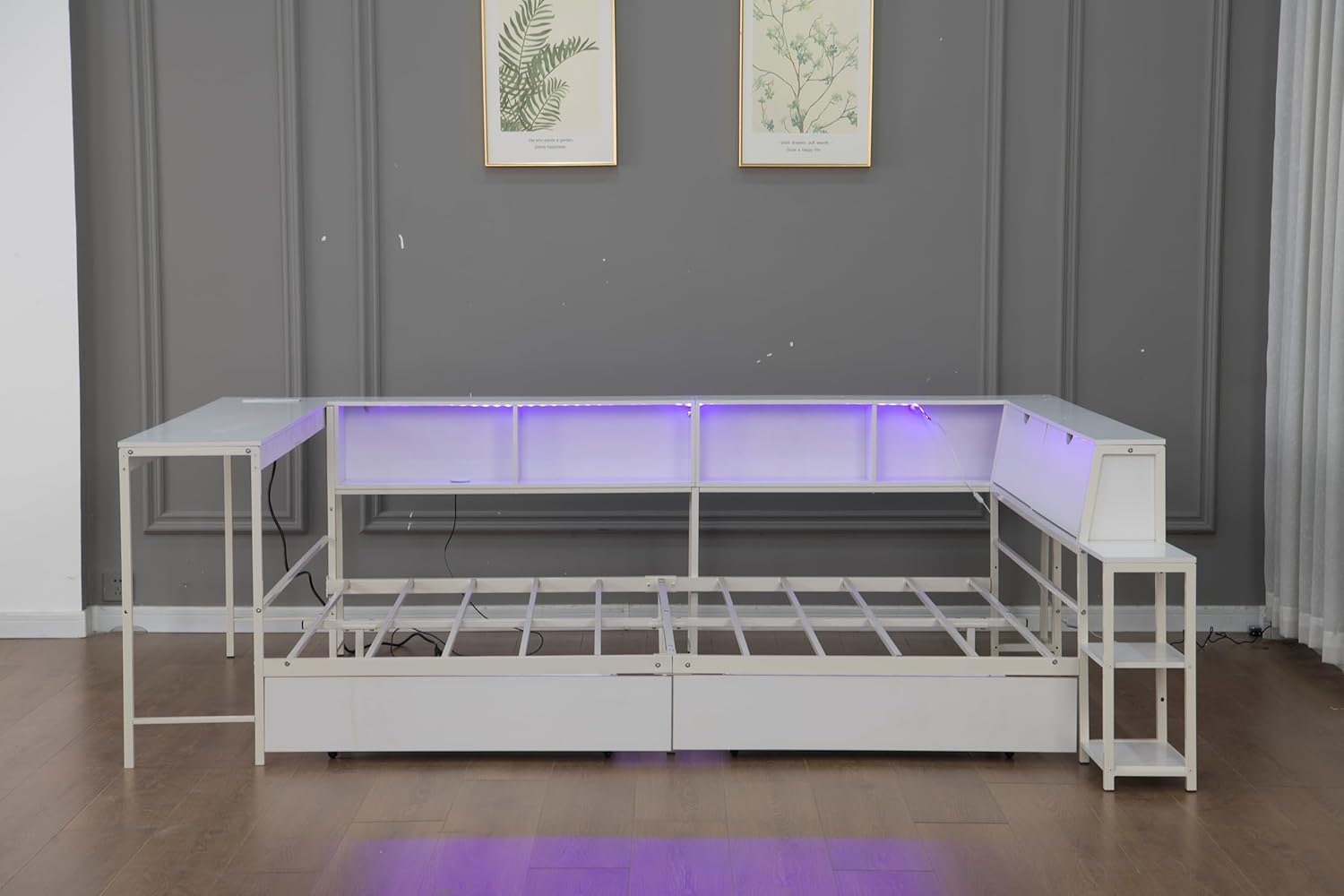 Bellemave Twin Corner Bed Frame with Desk and Storage, Twin Size Captains Bed with Charging Station and LED Light, Wood Daybeds with L-Shaped Bookcase and 2 Drawers, White