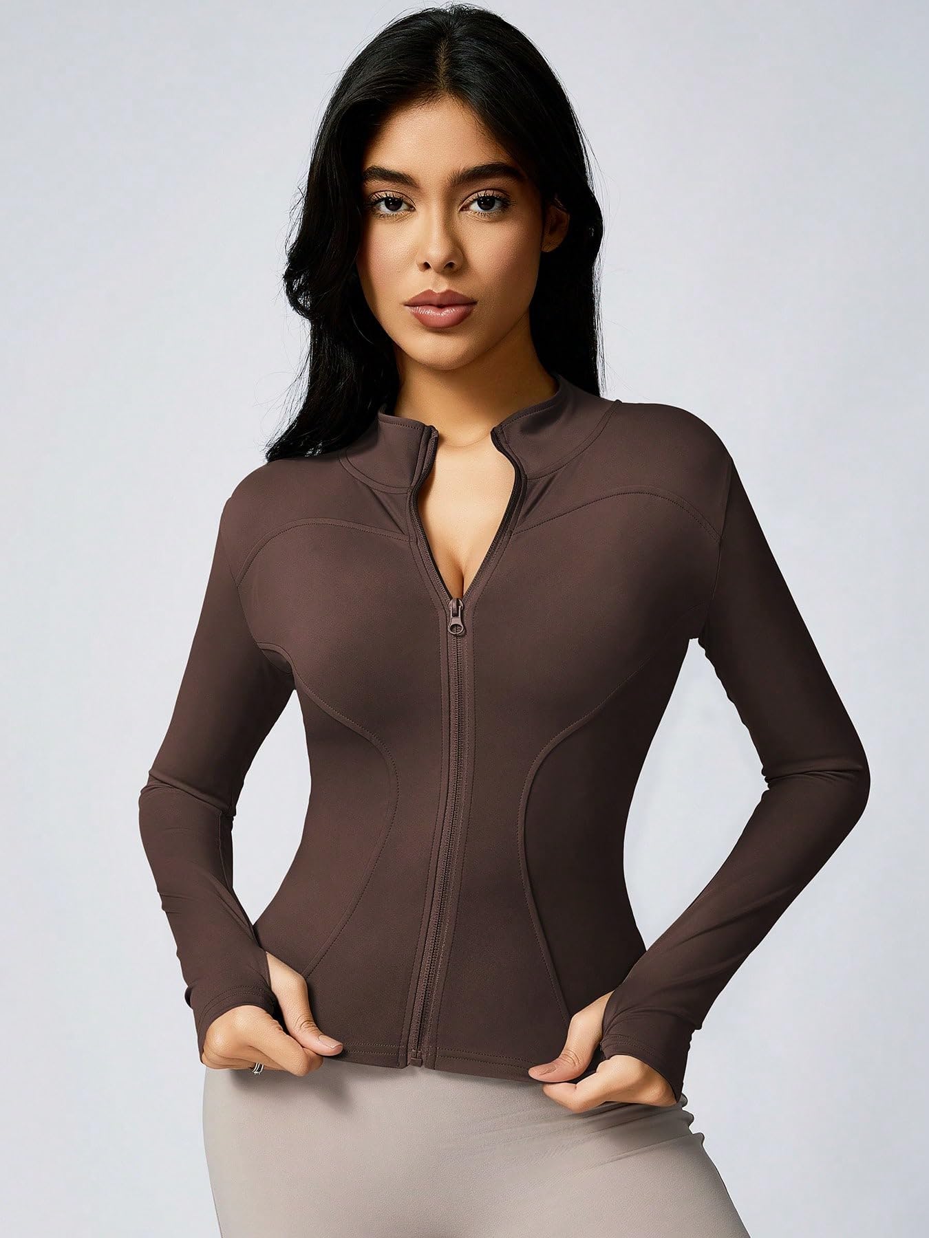 Chaqueta de entrenamiento para mujer, con cremallera completa, ajustada, para yoga, con bolsillos, camisa atlética para correr, con agujeros para el pulgar, para gimnasio — view 10