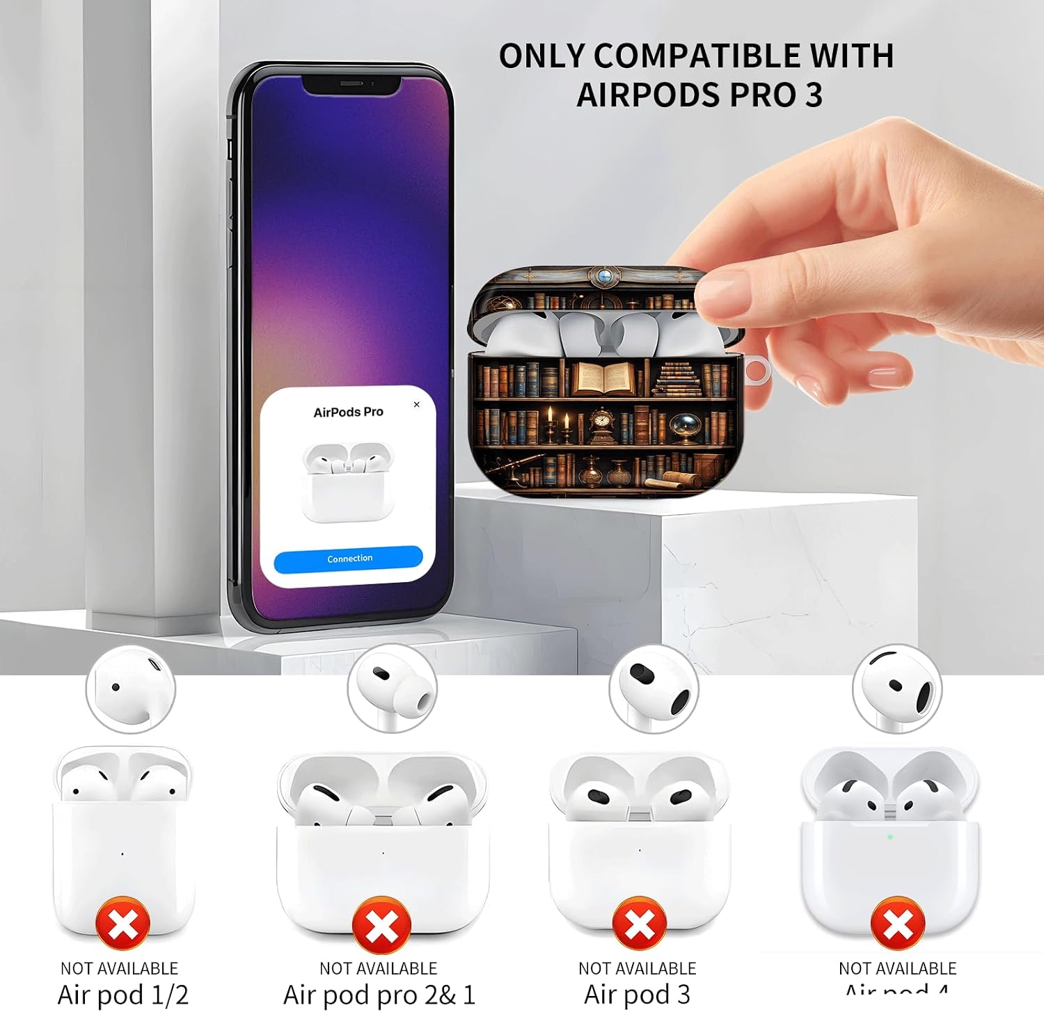 Compatible with AirPod Pro 3 Case, Cute Hard TPU Protective Cover with Keychain, Shockproof Design Case for Women & Girls,Bookshelf Vintage image 3